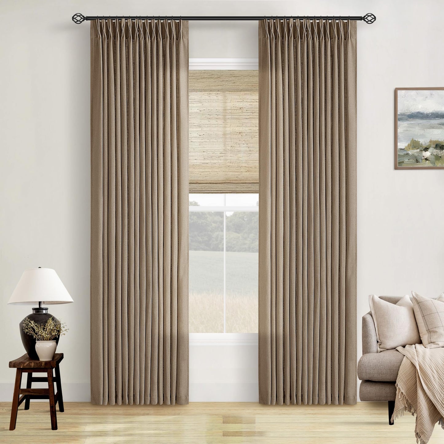 TWODRAPES Pinch Pleated Neutral Linen Curtains 2 Panels Set Living Room Dining Pinch Pleat Back Tab Light Filtering Farmhouse Boho Retro Window Curtain Drapes 84 Inch Length Latte Tan Brown