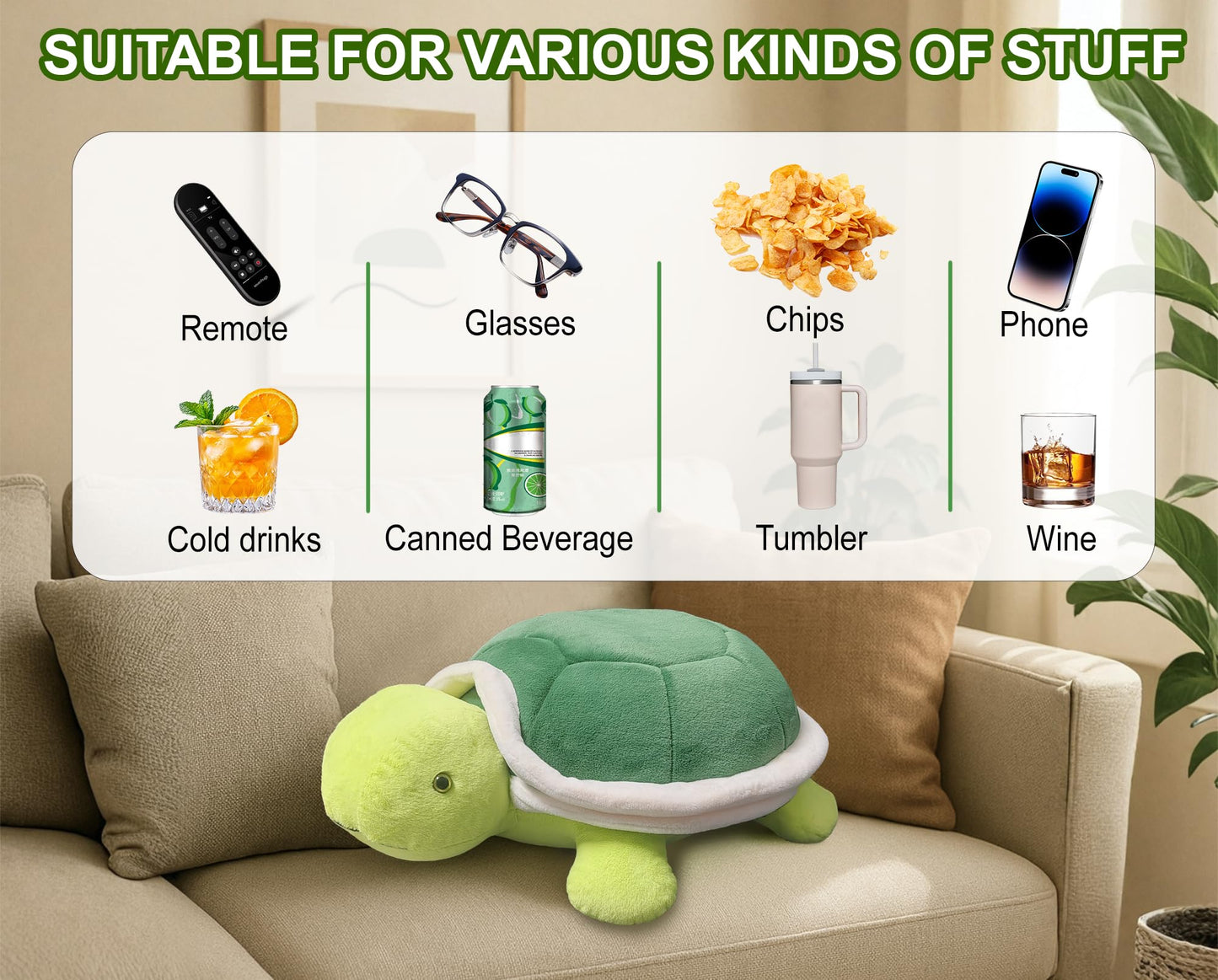 Couch Cup Holder Pillow Tray & Caddy,Headrest and Giant Turtle Stuffed Animal-For Sofa, Bed, Car，Camping, Double Smooth zippers for the shell, soft plush.Spill-Proof Machine Washable tray (23inches）