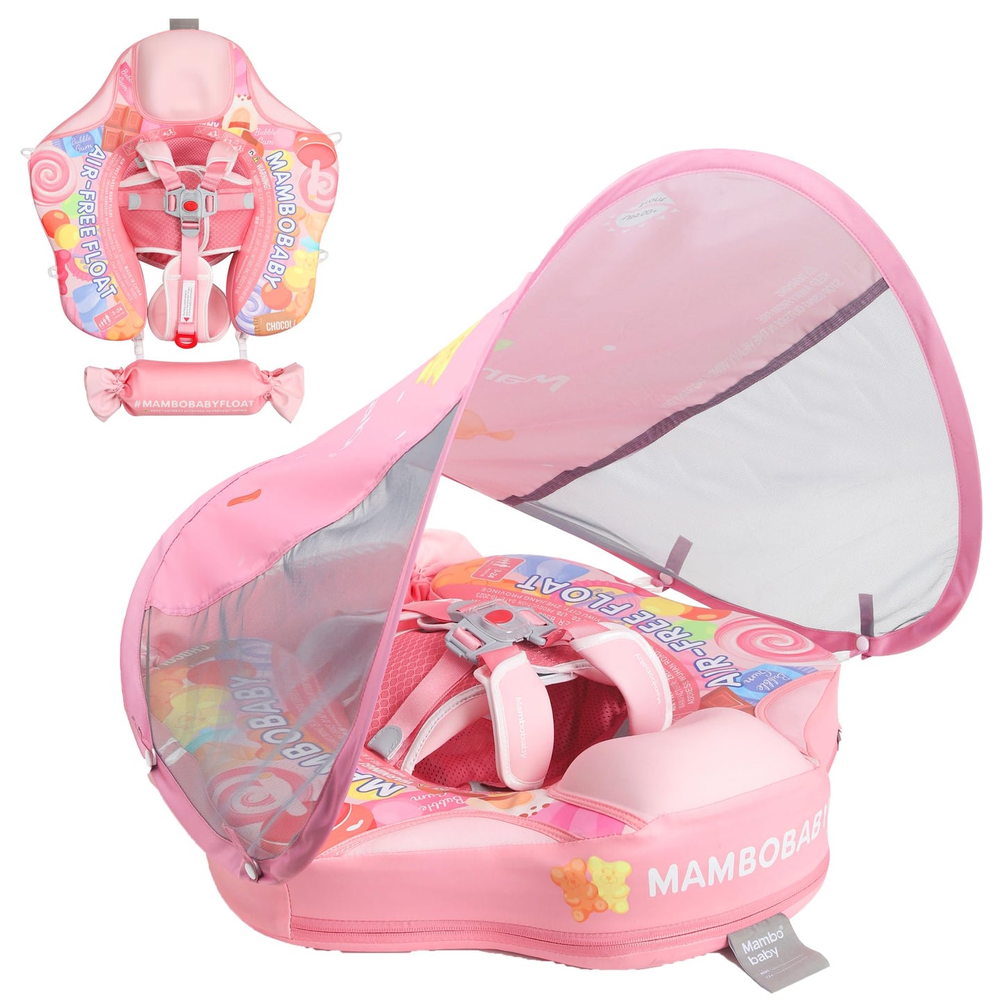 Mambobaby Float with Canopy Removable Baby Swimming Pool Float Non Inflatable Baby Safety Float Upgraded Tail Soft Skin-Friendly Material Swim Float for Toddler Infant 3-24 Months, Candy