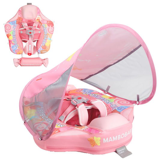 Mambobaby Float with Canopy Removable Baby Swimming Pool Float Non Inflatable Baby Safety Float Upgraded Tail Soft Skin-Friendly Material Swim Float for Toddler Infant 3-24 Months, Candy