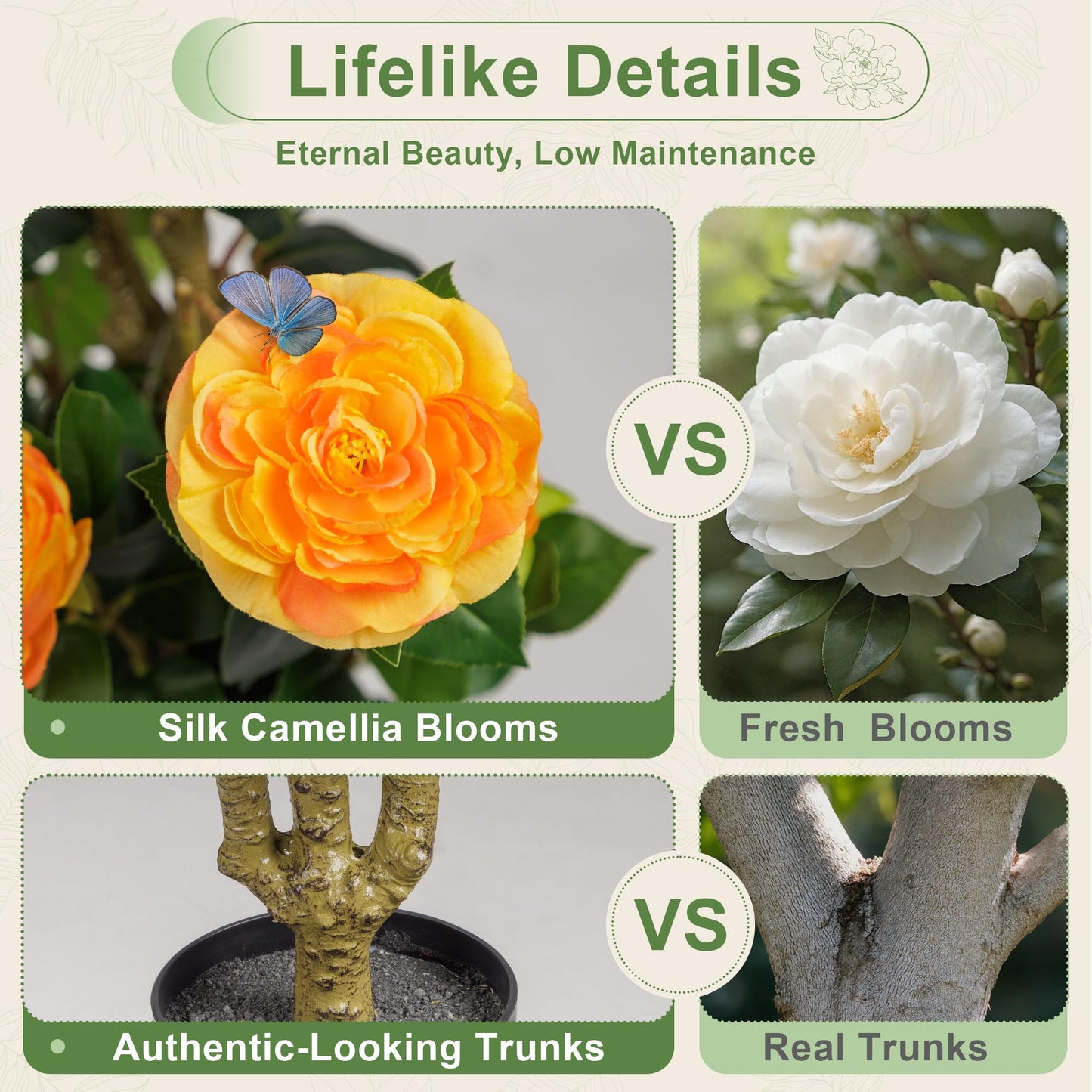 TreeTrip Artificial Camellia Tree 3.3 FT 2 Pack, Christmas Decor Fake Camellia Plant with Blooming Flowers&Natural Wood Trunk, Greenery Faux Potted Plant for Home Office Winter Indoor (Orange, 3.3FT)