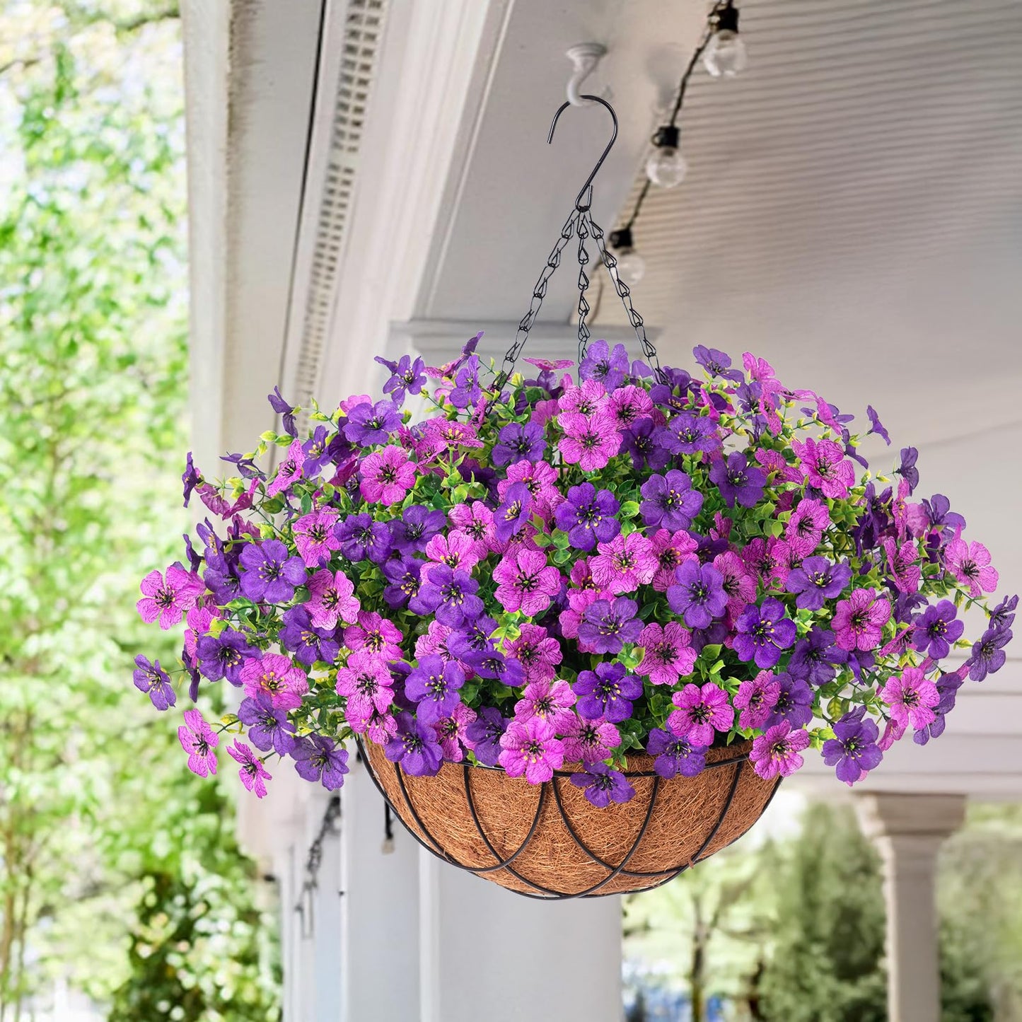 Artificial Silk Flowers Hanging Baskets Outdoors Indoors, Daisy with Eucalyptus Leaves Arrangement for Garden Yard Spring Summer Decor Faux Green Plant Metal Coconut Lining (Dark Purple Purple)