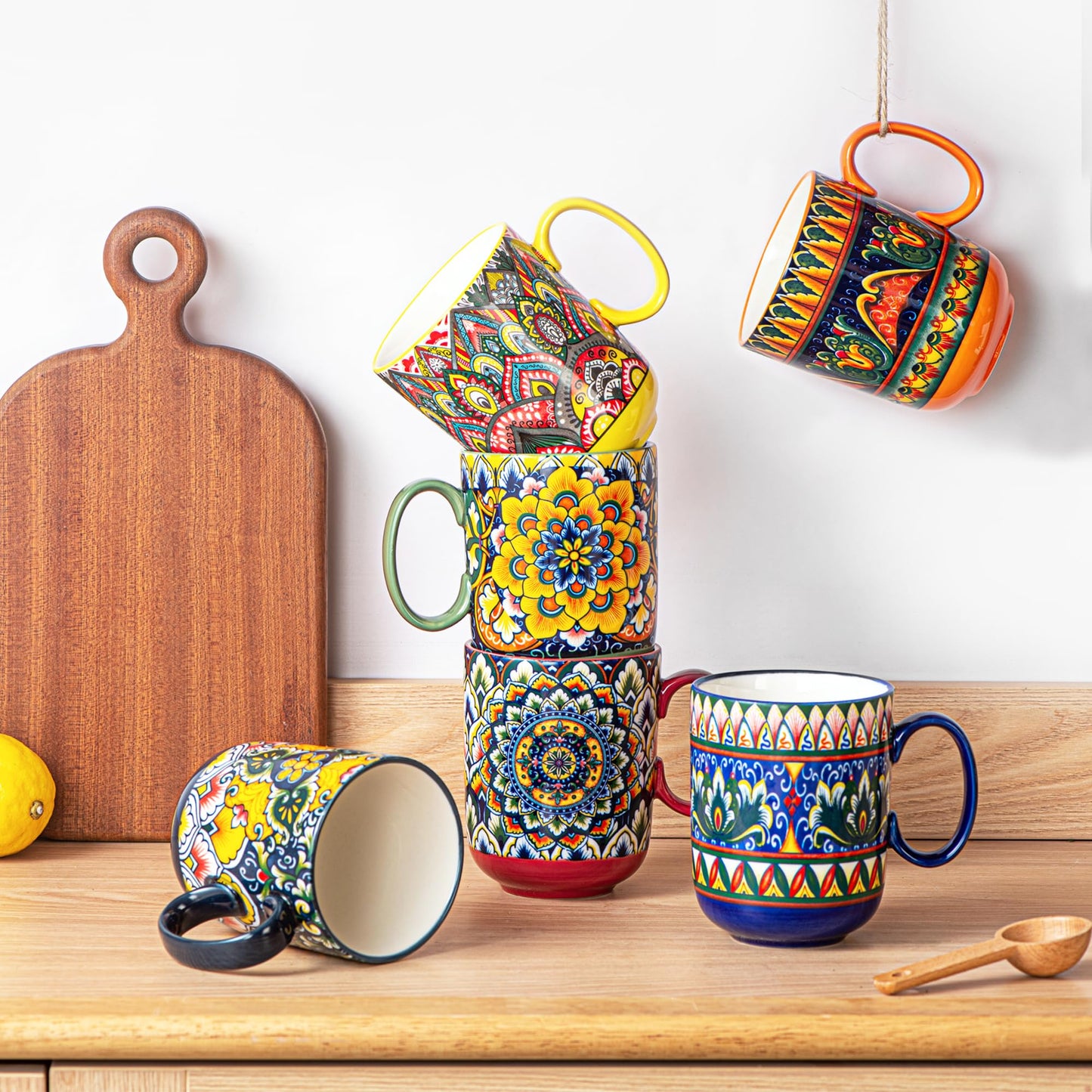 Henten Home Porcelain Coffee Mug Set of 6, 14 oz Colorful Latte Cup with Handle, Boho Ceramic Mug for Hot Chocolate, Milk, Tea, Cappuccino, Cocoa, Microwave & Dishwasher Safe