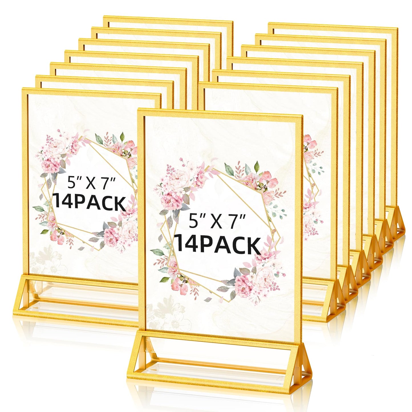 PPH-Sisy 5x7 Acrylic Sign Holder, 14 Pack Gold Picture Frame Double-Sided Clear Acrylic Sign Holder Flyer Menu Holder, Wedding Table Number Stands, Photo Frames for Office Home Event
