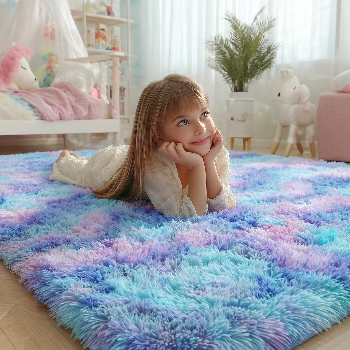 PAGISOFE Soft Purple Rainbow Rugs for Living Room,Fluffy 5x7 Area Rug, Plush Adorable Kawaii Rug for Bedroom Kids Room Baby Nursery,Girls Room Decor Mermaid Rugs Fuzzy Fur Pastel Carpet,Cozy Cloud Rug