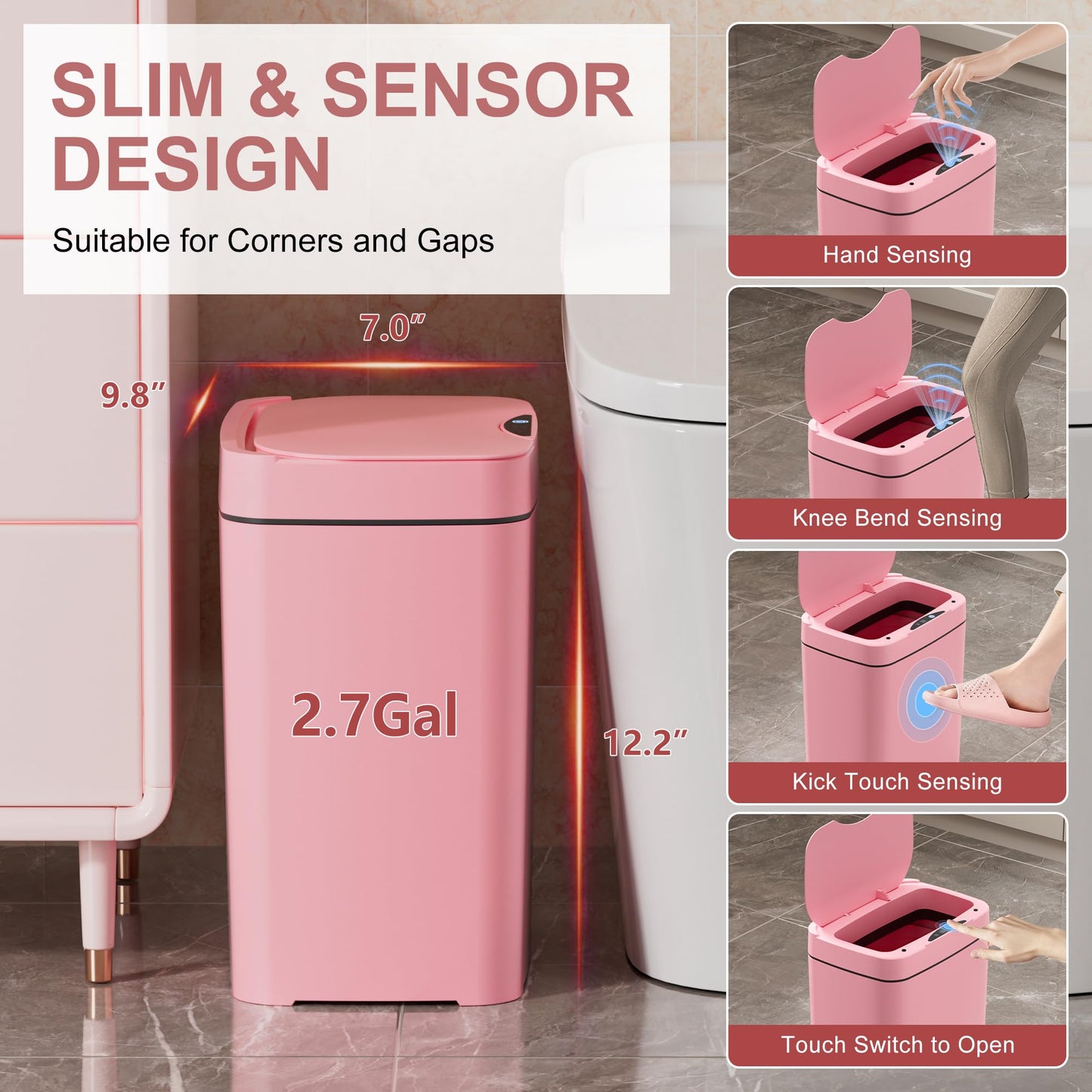 Vanpopubs 2 Pack 2.7 Gal Bathroom Trash Can with Lid, Automatic Trash Can Small Smart Garbage Can Touchless, Slim Motion Sensor Waterproof Plastic Trash Bins for Bedroom Office Kitchen Toilet Pink