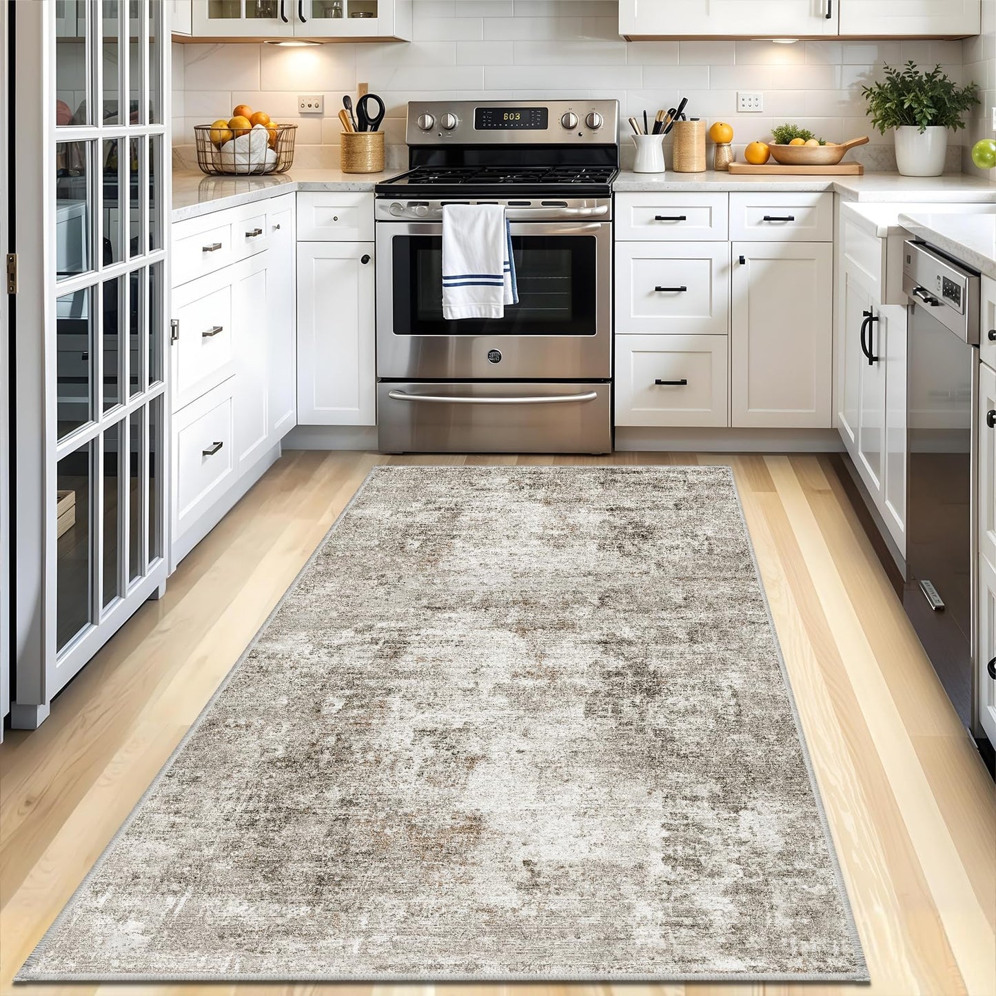 4x8 Washable Area Rug – Non-Slip Rubber Backed Indoor Rug for Entryway, Kitchen, Hallway | Modern Abstract Neutral Low Pile Thin Floor Mat for Bedroom, Living Room, Office (Beige/Grey)