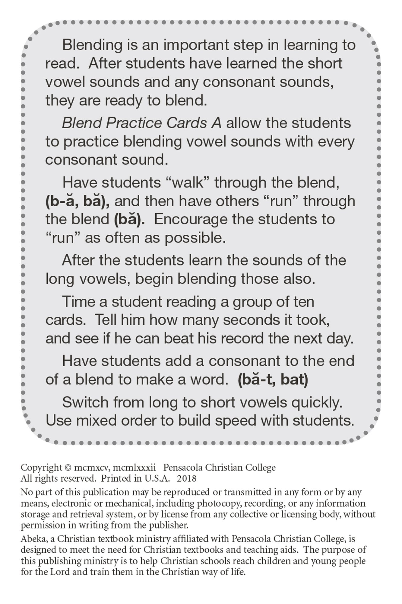 Blend Practive Cards A - Abeka Kindergarten 1st and 2nd Grade 1, 2 Phonics Reading Program Teaching Aid Flash Cards