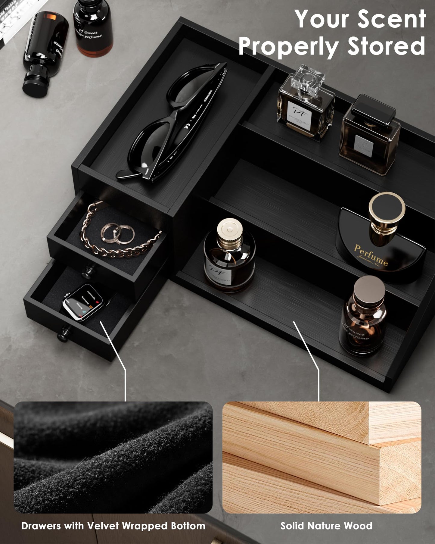 ProCase Wooden Cologne Organizer for Men, 3-Tier Elevated Wood Perfume Storage Display Shelf with Drawers, Dresser Storage Stand Riser for Fragrance Skin Care, Fathers Day Gift for Dad Husabnd-Black