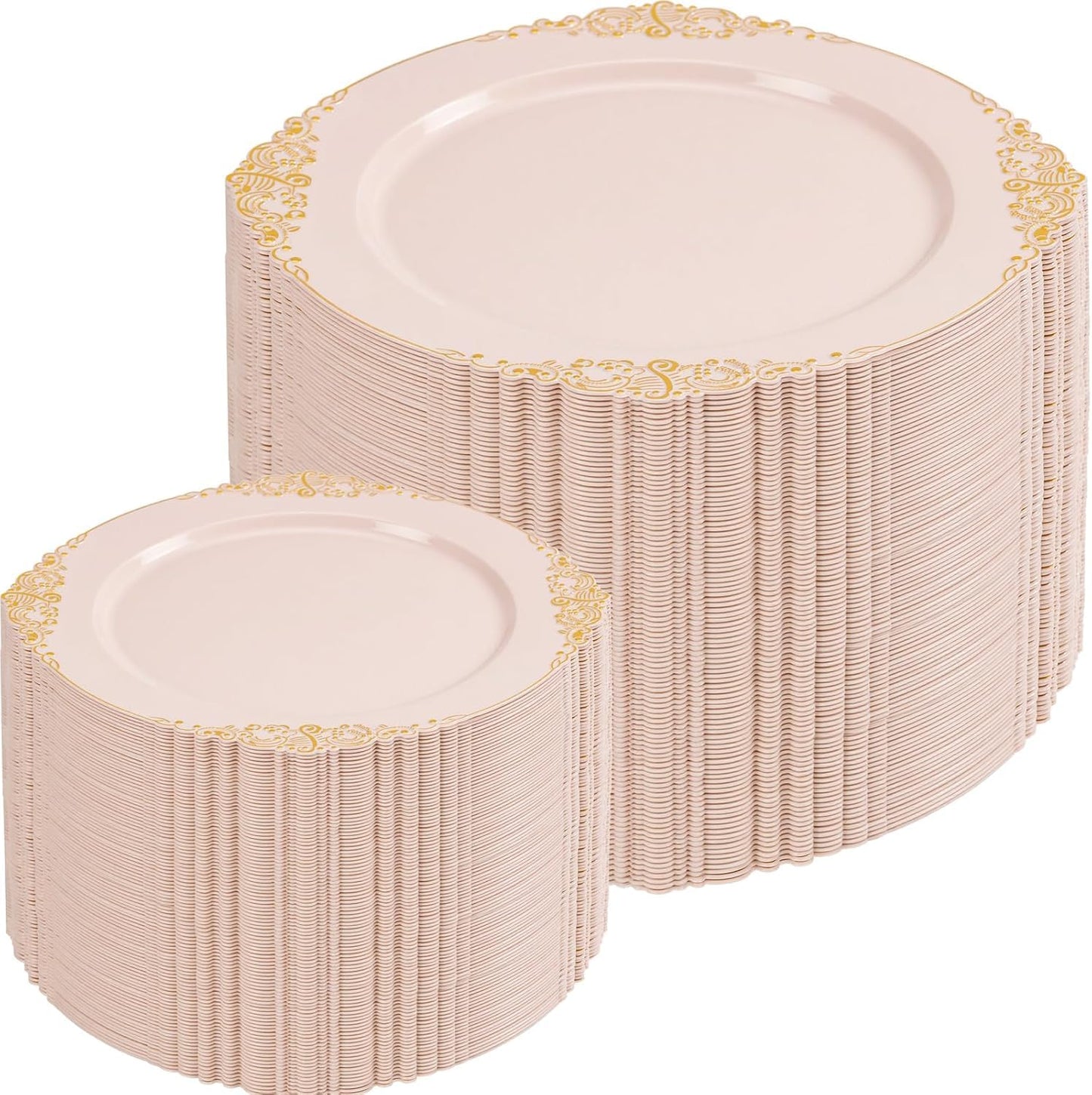 Joyido 200PCS Pink and Gold Plates - Pink Plastic Plate - Fancy Disposable Plates with Gold Rim - Vintage Wedding Dinner & Dessert Plate for 100 Guests for Wedding & Bridal Shower