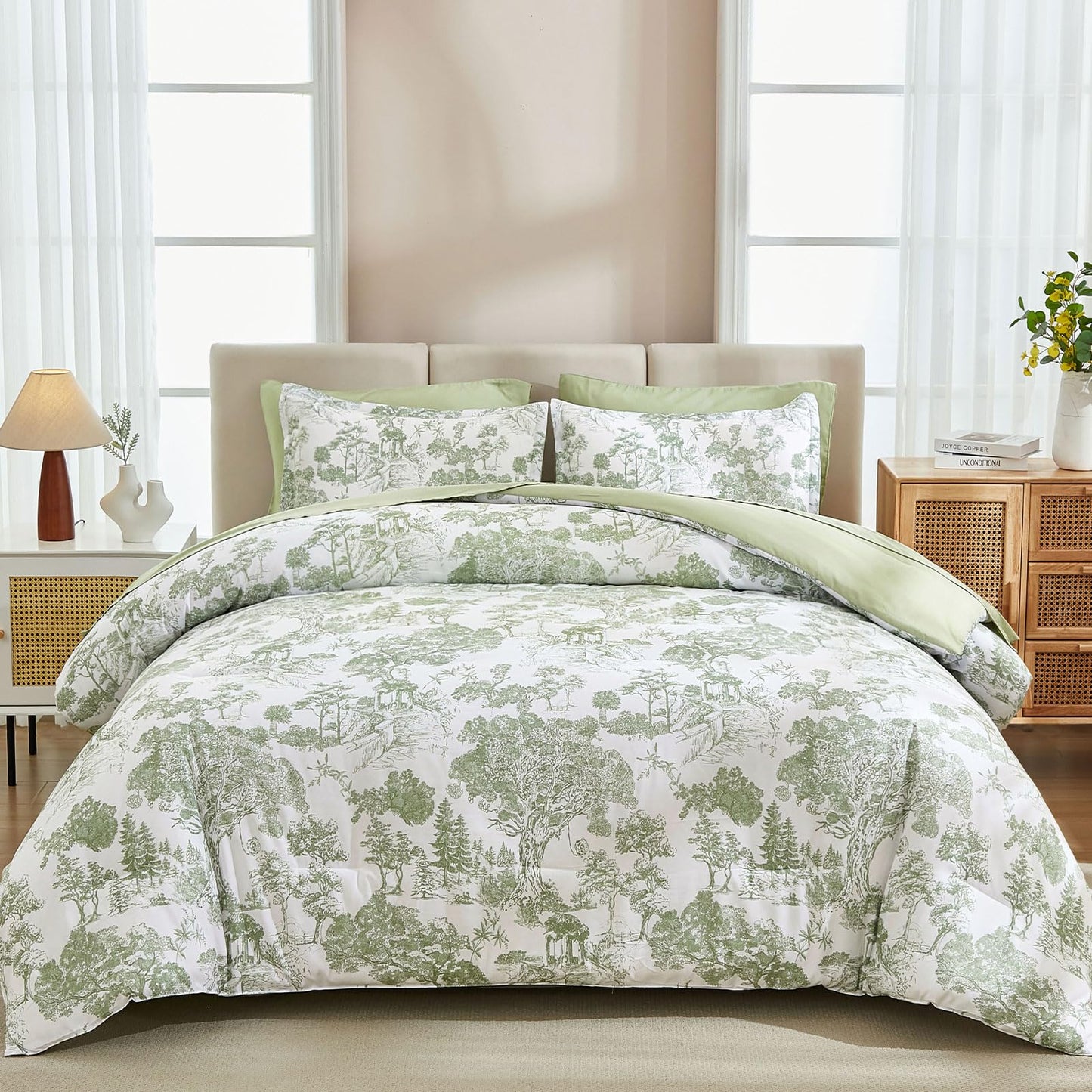 DJY Sage Green Comforter Set King, 7 Pieces Bed in a Bag King Size Botanical Comforters with Sheets Elegant Plants Print Soft Microfiber Reversible Complete Bedding Sets for All Season
