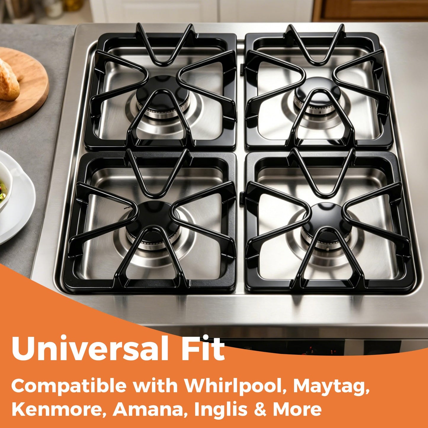 4 Pack W10447925 Burner Grates for Whirlpool Gas Range - 8.3 x 8.8 IN Upgraded Cast Iron Cooktop Grates Compatible with Kenmore Maytag Amana and Inglis Stoves Gas Stove Top Burner Rack