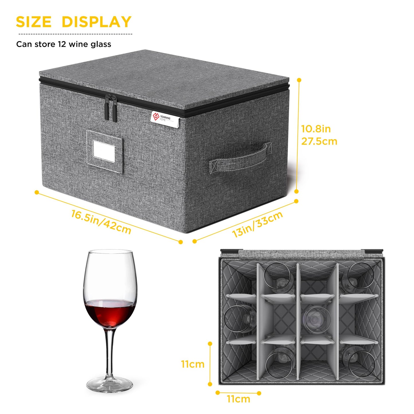YearningHome 2 Pack Wine Glass Storage Box with Dividers,Stemware Storage Cases with Sturdy Handle and Hard Shell for Glassware Crystal Storage,Transport and Moving,Holds 12,Grey