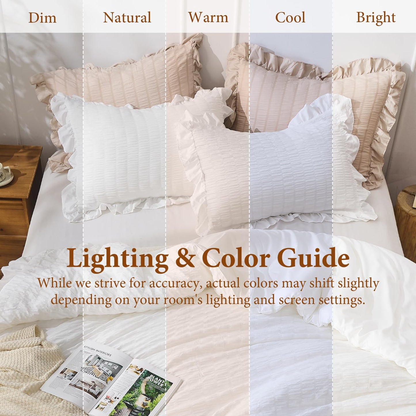 JOLLYVOGUE White Comforters Queen Size, 3 Pieces Ruffle Seersucker Queen Comforter Set for All Season, Lightweight Soft Shabby Chic Bedding Sets for Women（1 Comforter, 2 Pillowshams）