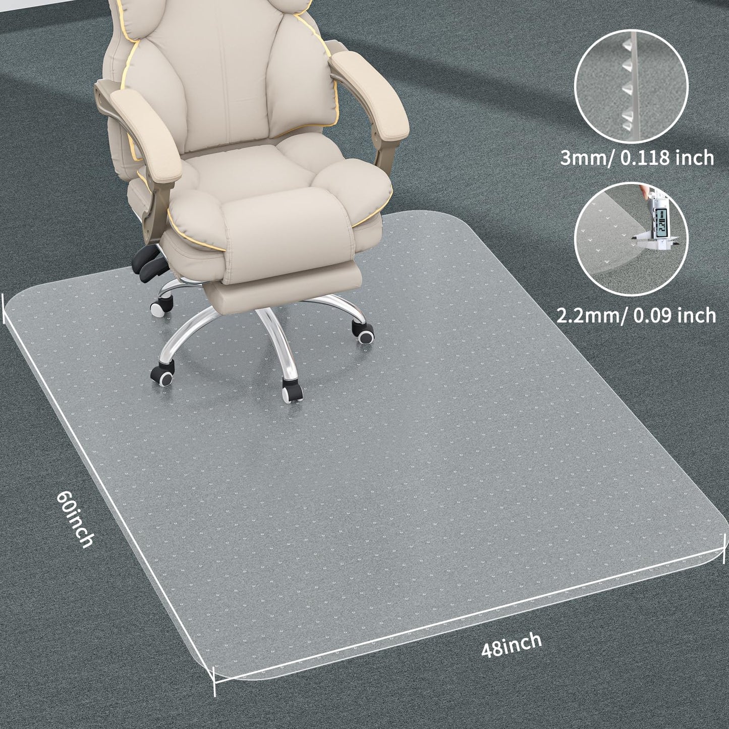 MESHDO Office Chair Mat for Carpet, 48" X 60" X 0.09" Desk Chair Mat for Carpet Floors, Clear and Thick Rolling Computer Chair Mats with Non-Slip Studded for Home and Office Low Pile Carpets