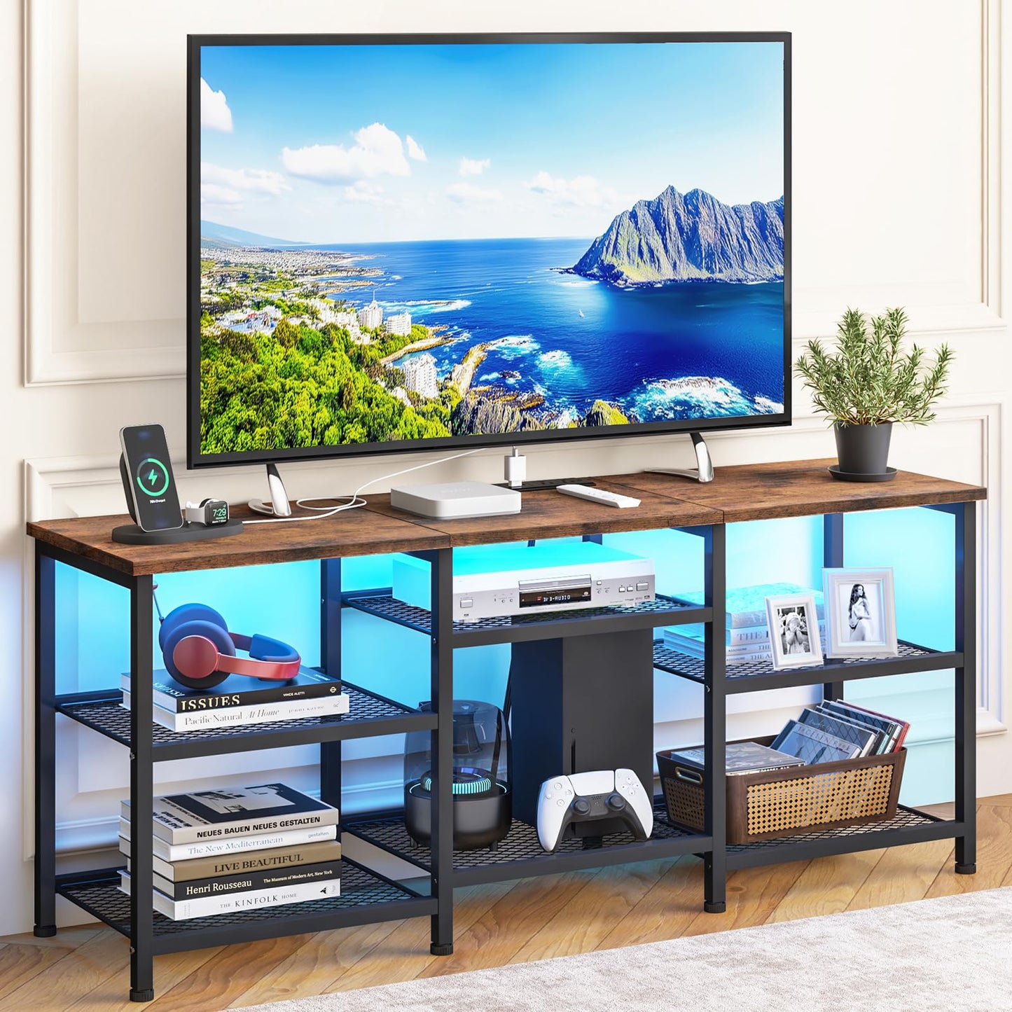 YGEOMER TV Stand for Living Room TVs Up to 55 Inches, Entertainment Center with Power Outlet and LED Lights Open Storage Shelves, TV Console for Bedroom, Rustic Brown