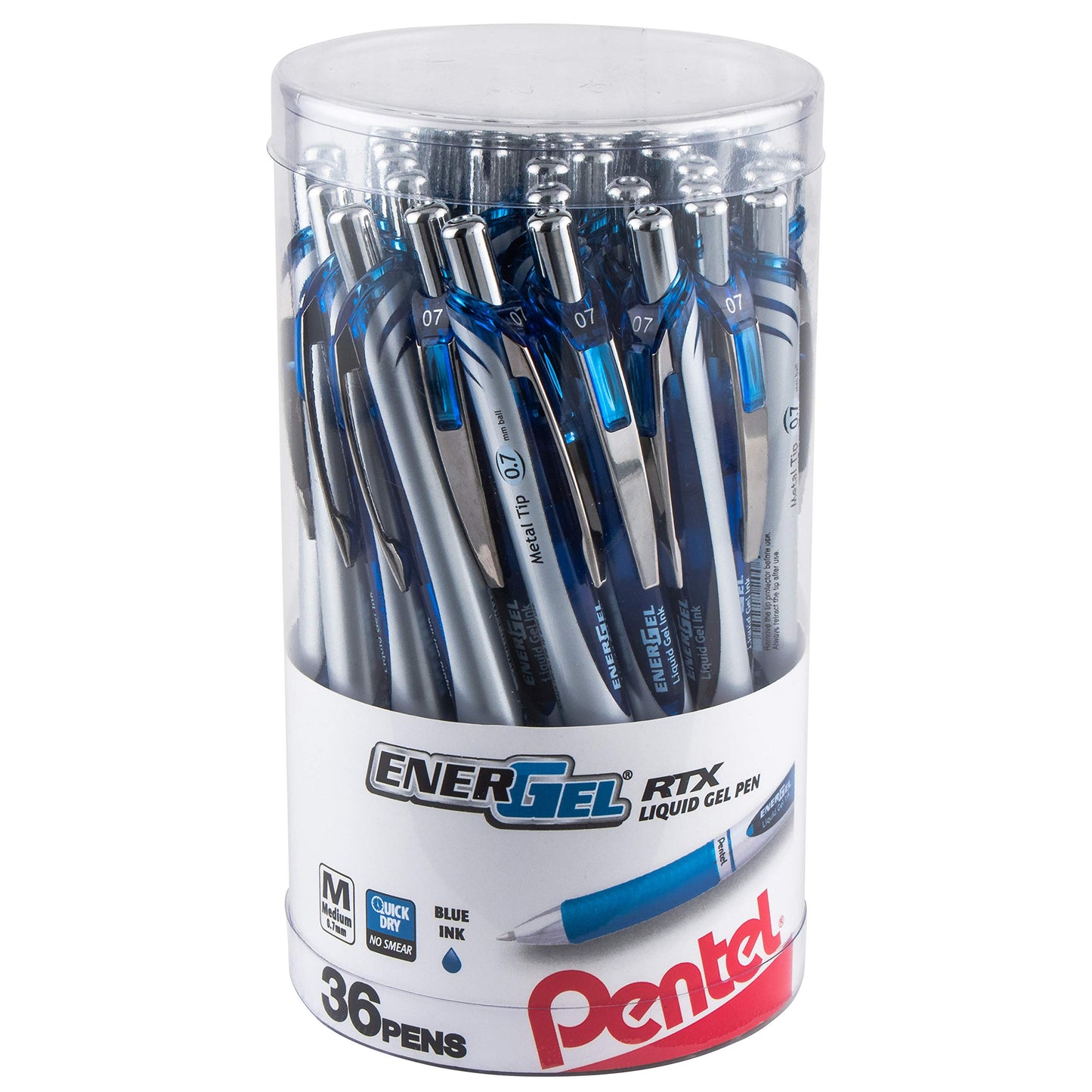 Pentel EnerGel RTX Retractable Liquid Gel Pen Canister, 0.7mm, Medium Line Blue Ink, (BL77PC36C) (Pack of 1, 36 Count Total)