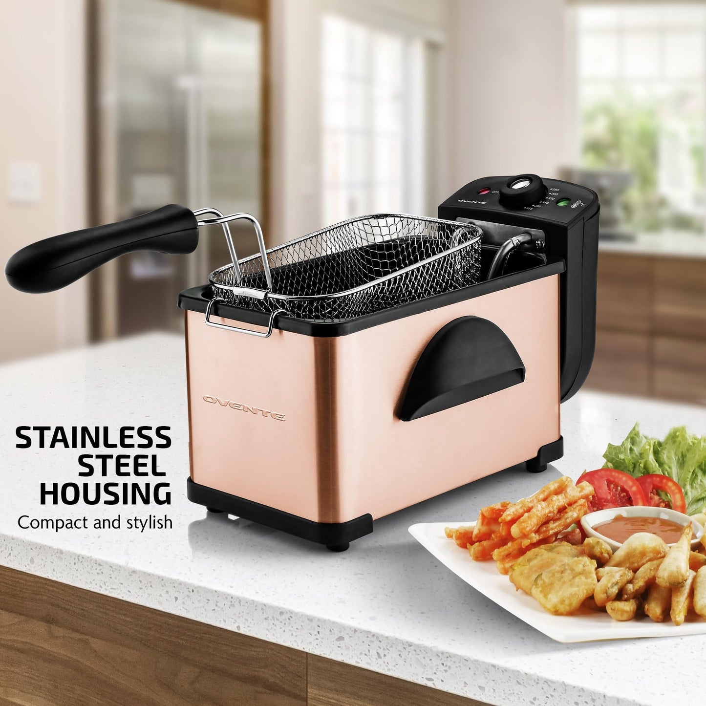 OVENTE Electric Deep Fryer 2L Capacity, Lid with Viewing Window, Adjustable Temperature, Removable Frying Basket & Cool Touch Handle, 1500W Power, Easy to Clean Stainless Steel Body, Copper FDM2201CO