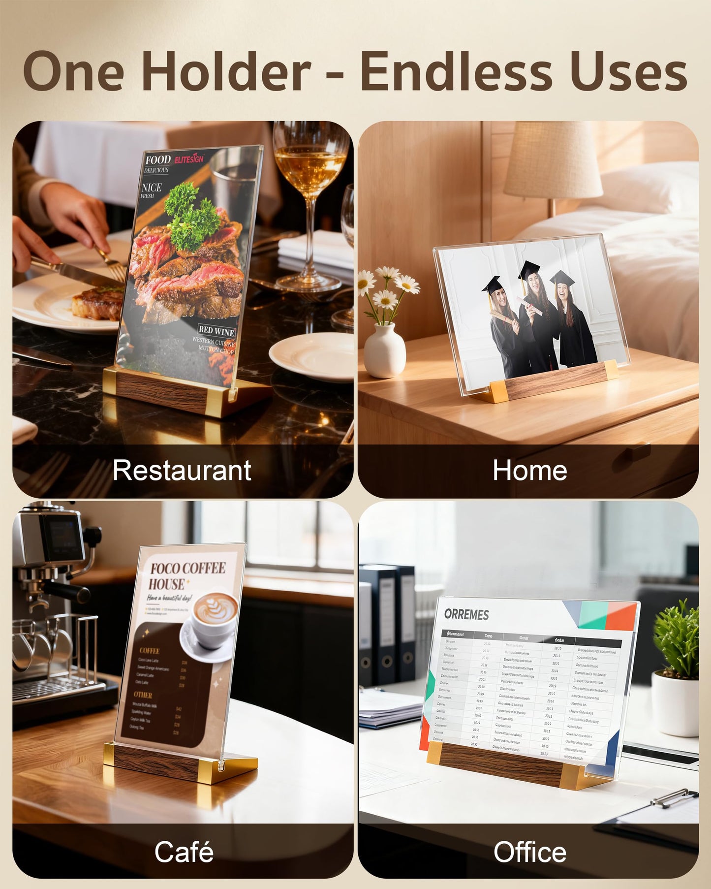3 Pack Acrylic Sign Holder 8.5 x 11 Inch with Walnut Wood Base, Clear Tabletop Acrylic Display for Menu & Flyer Holder, Commercial Paper Stand for Restaurant, Office, Coffee, Bar, Wedding, Hotel