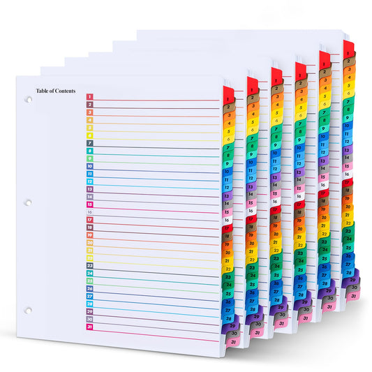 Tab Dividers for 3 Ring Binders – 6 Sets, 1–31 Numbered Index Dividers with Table of Contents – 8.5 x 11 in, 3-Hole Punched – Binder Dividers for School, Office, Filing, Organizing - 6 Pack