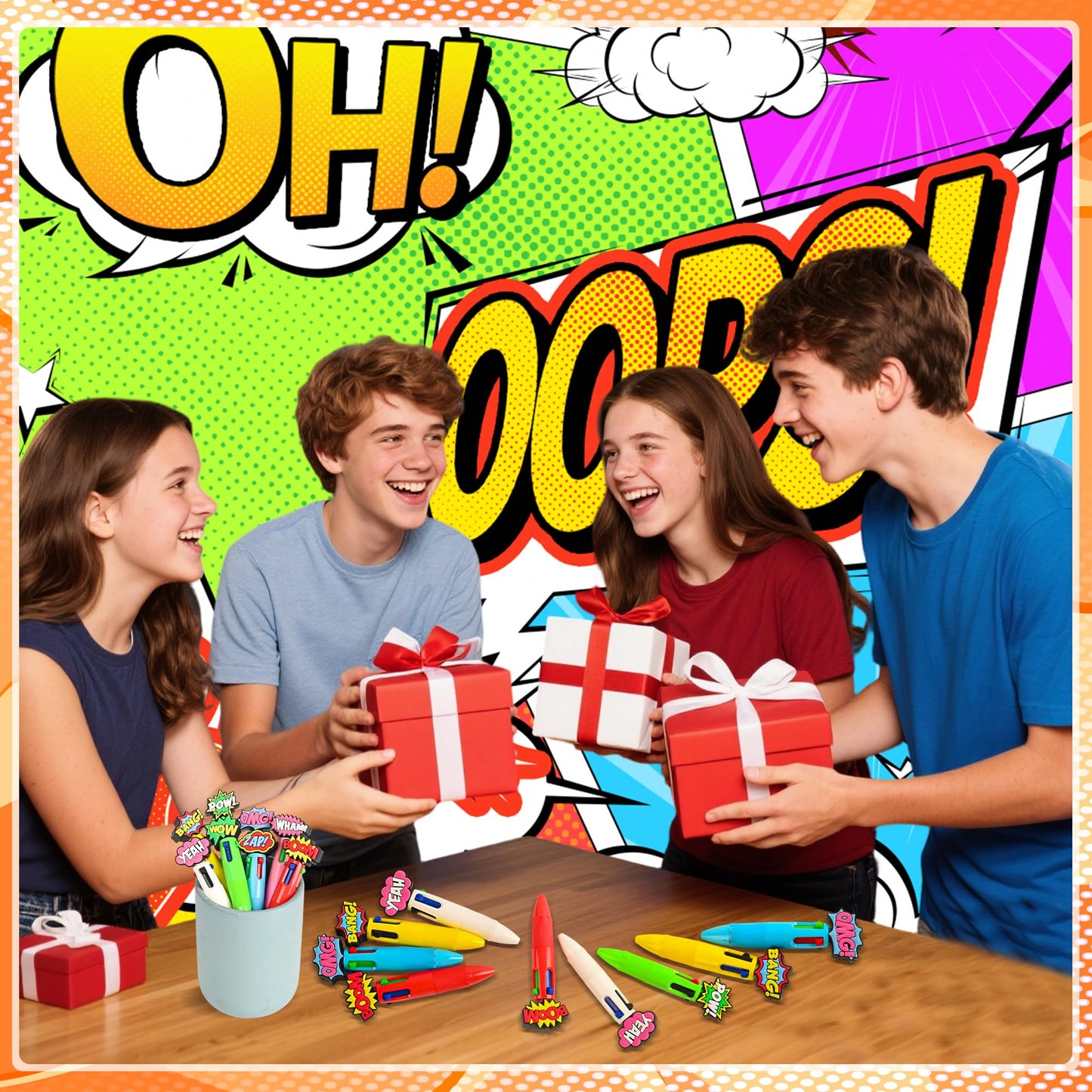 LiYiQ 100 Pcs Hero Theme Colorful Multicolor Pen in One Cute Cartoon Fun 4-in-1 Cute Pens Bulk Kawaii Hero Theme Boom Wow Pow Conversation Cool Ballpoint Pens for Fun Gifts