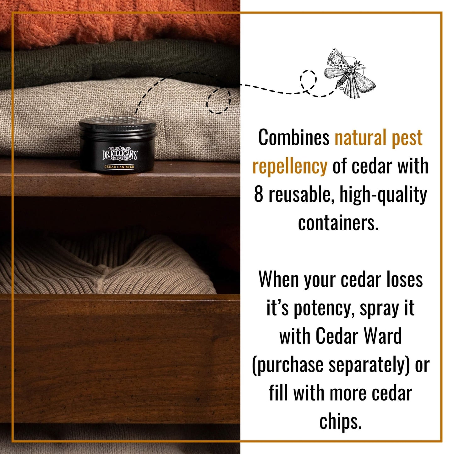 Dr. Killigan's Cedarwood Chip Canisters - Moth Repellent for Closets, Cedar Blocks for Clothes Storage, Drawer Deodorizers, 8 Reusable Tins with Wood Shavings