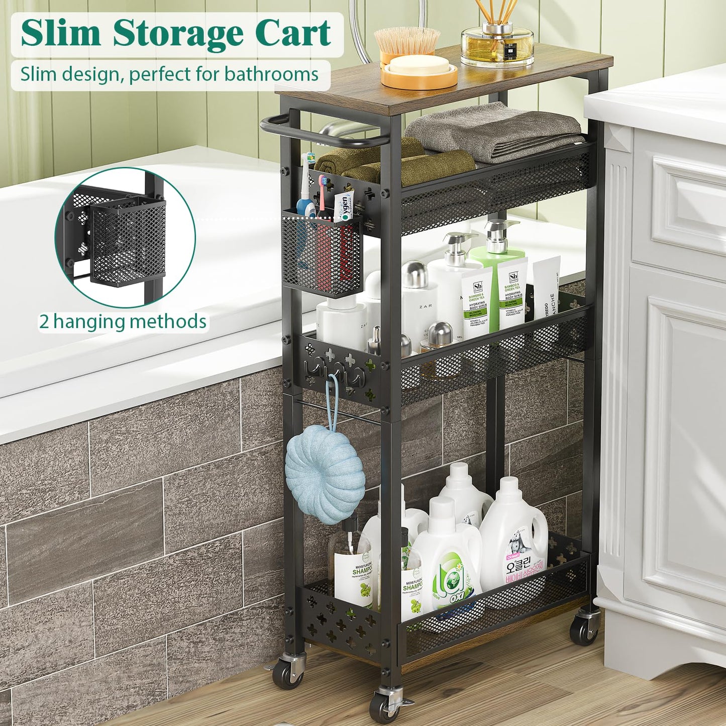 XYZLVSI Slim Storage Cart 4 Tier Laundry Cart with Wheels, Narrow Metal Kitchen Rolling Carts Bathroom Organizers Storage Shelf with Wood Rack and Handle for Small Space
