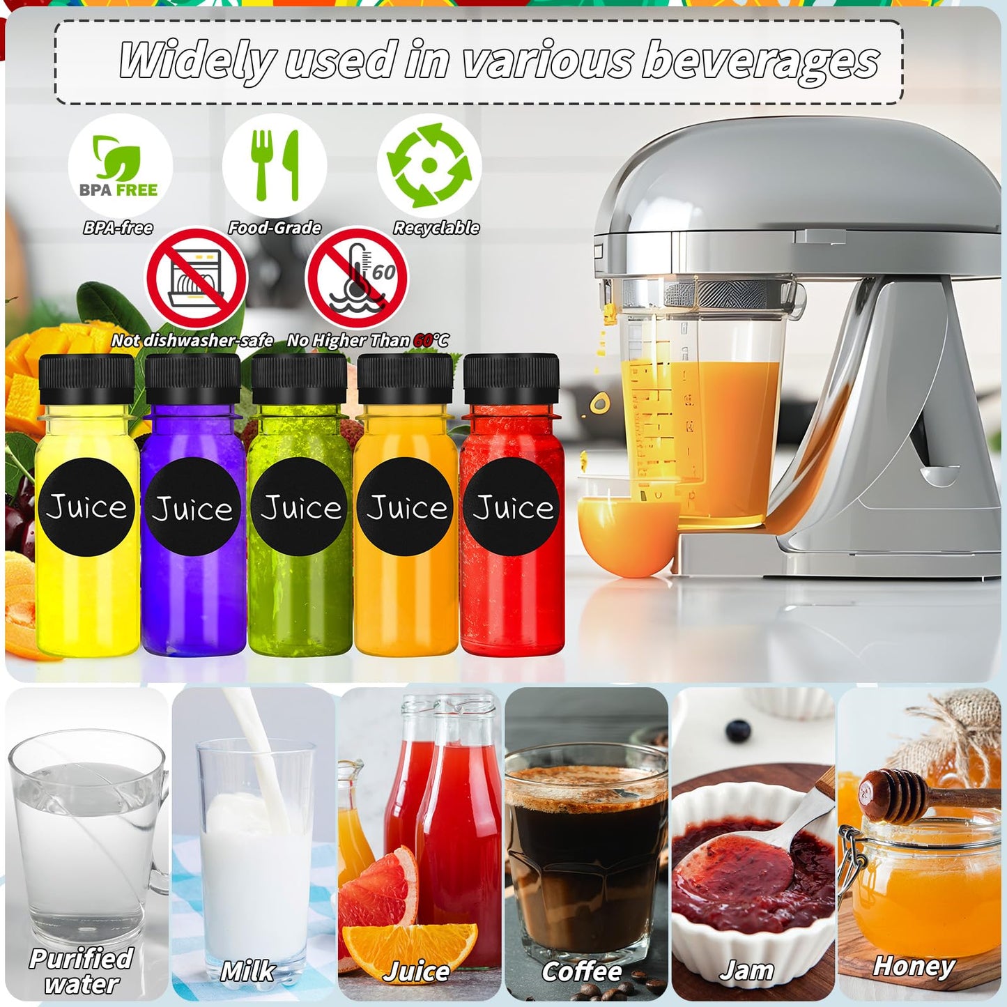 UZLU 165 Pcs 2 oz Small Plastic Juice Bottles with Black Caps Mini Clear Ginger Shot Containers with Tamper Proof Lids Reusable Travel Bottles with Funnels Labels for Juice Milk Water Other Beverages