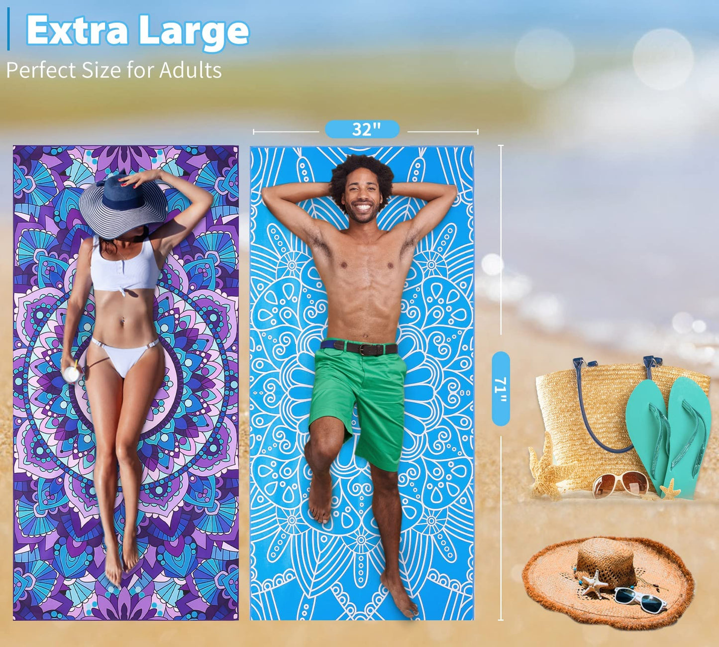 4 Pack Microfiber Oversized Lightweight Beach Towel 71"x32" XL Extra Large Thin Sand Free Towels Travel Swim Pool Yoga Gym Camping for Adults Women Men Beach Essentials Accessories Vacation Gift