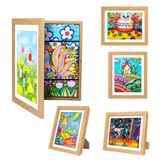 sixzerone [3-Pack Kids Artwork Frames Changeable - Front Opening Holds 150,Children Art Projects Kids Art Frames,10x12.5 Child Picture Frame for Display,With Storage(Wood)