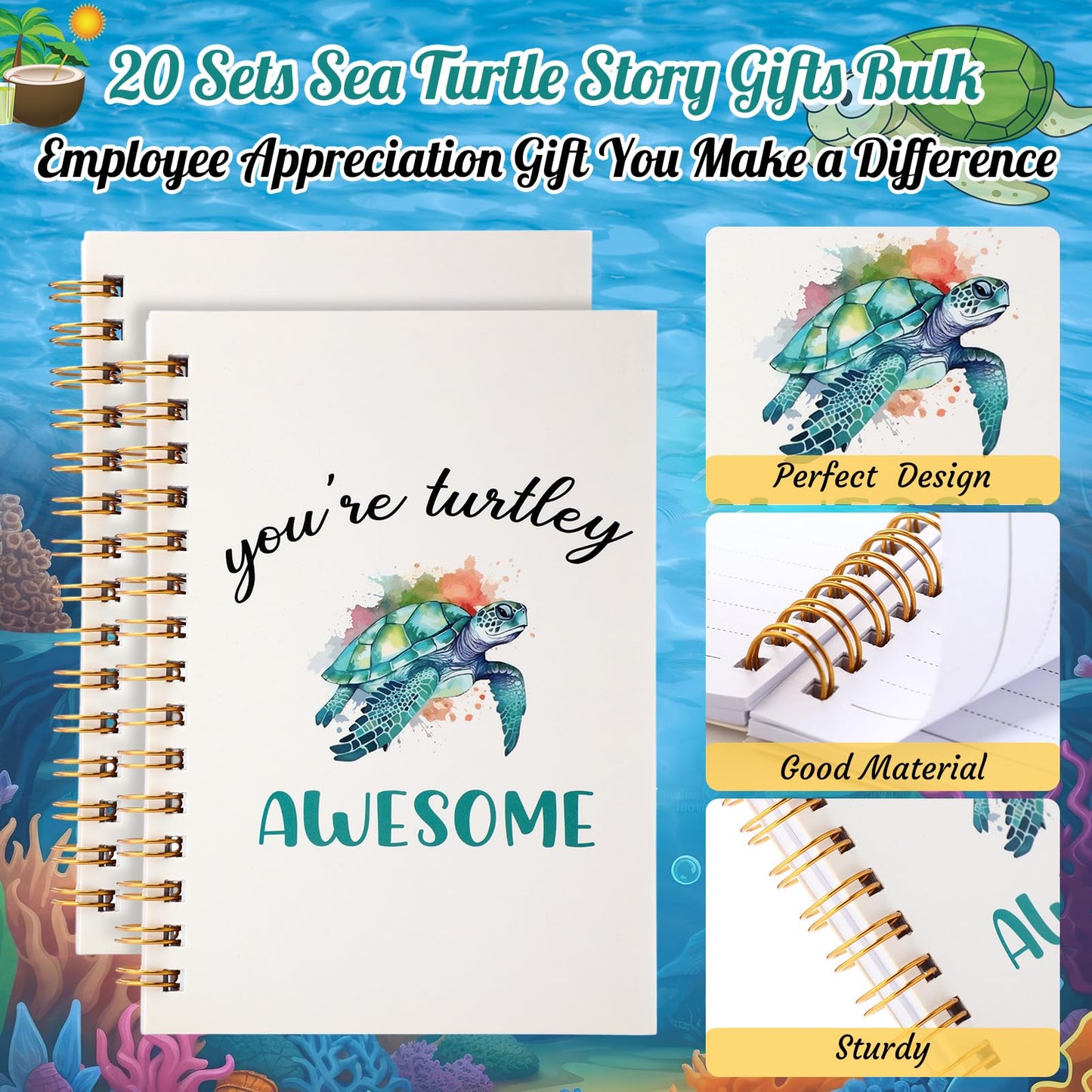 Resurhang 20 Sets Inspirational Turtle Gifts Includes 20 Turtles Spiral Notebooks 20 Glowing in the Dark Ballpoint Pens Employee Appreciation Gifts Bulk for Coworker Staff Team Turtle Lovers