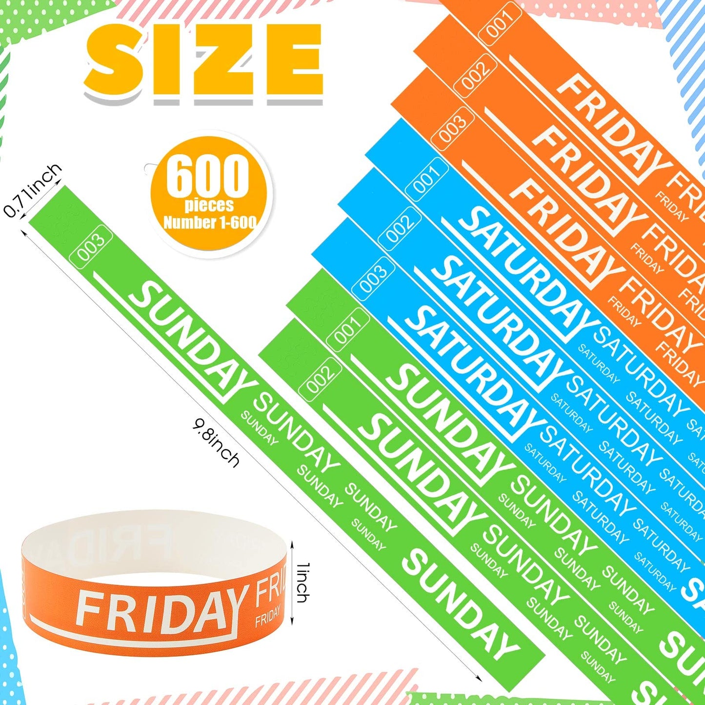 Henoyso 1800 Pcs Paper Wristbands Event Wristbands Numbered Waterproof Wrist Bands for Events Day of the Week Paper Bracelets for Adult, Friday, Saturday, Sunday(Orange, Blue, Green)