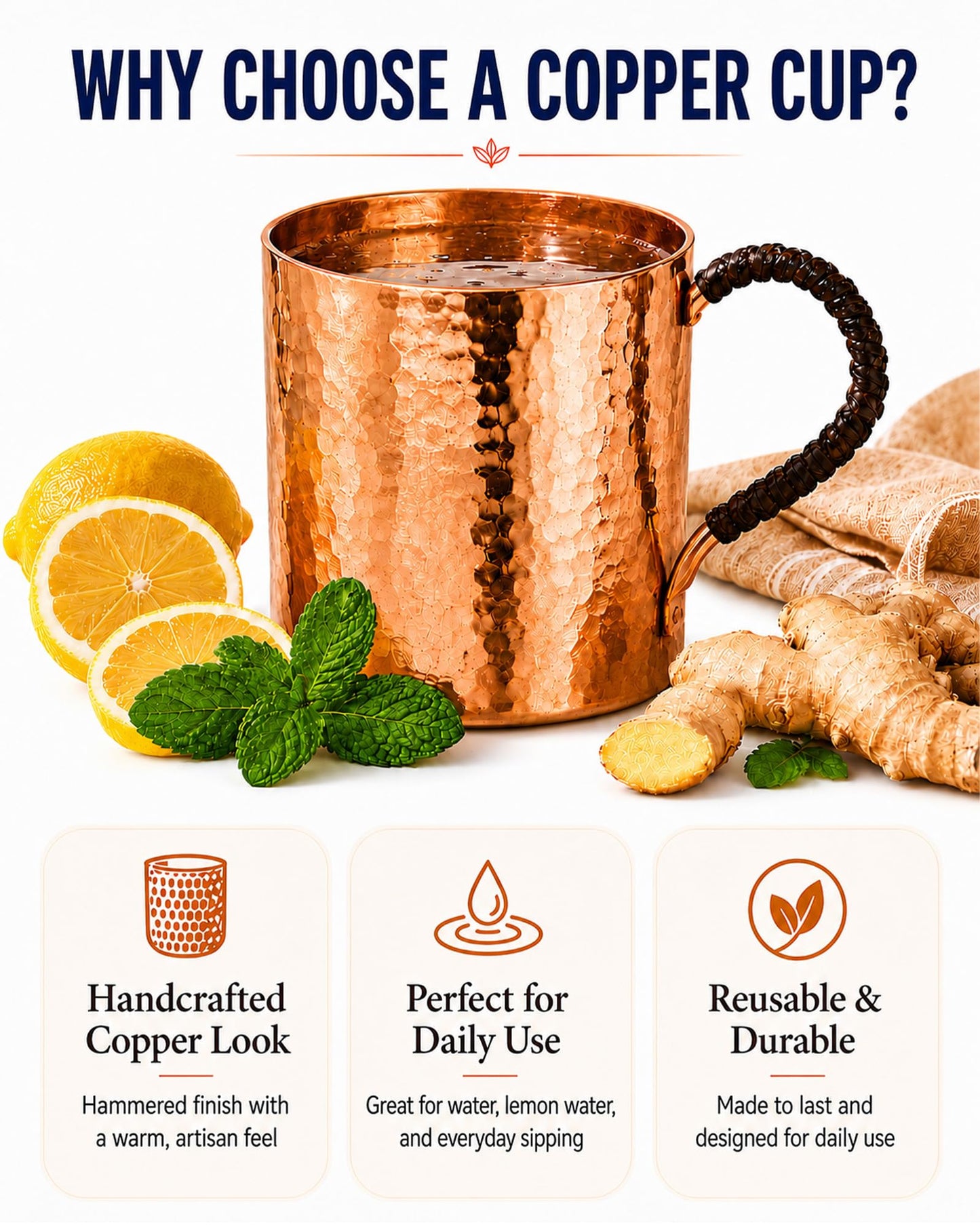 CigeZaus 18.6oz Pure Copper Mug with Lid – Hand-Hammered Solid Copper Tumbler for Drinking Water, Detox & Wellness – Ayurvedic Gift for Yoga, Meditation, or Camping