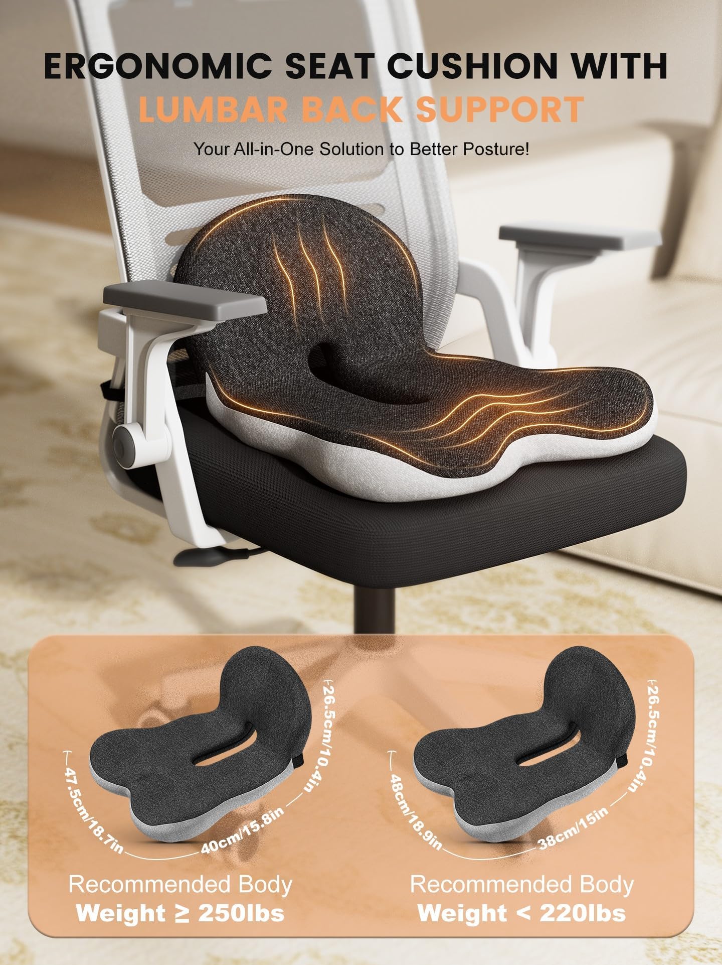 QEGOON Office Chair Seat Cushion for Long Sitting Workers - L-Shaped Ergonomic Memory Foam with Tailbone Support & Adjustable Strap