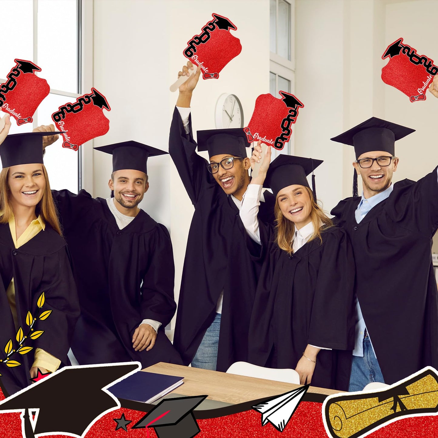 24 Pcs Graduation Cutout Face Fans with Handle Double Sided Personalized Grad Party Supplies Class of 2026 Grad Photo Props Blank DIY Photo Frame Graduation Party Souvenirs(Classic,Red)