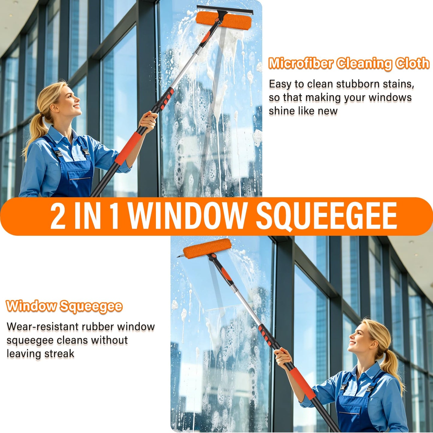 Jhkopqe 26FT Telescoping Window Squeegee Kit | 2-in-1 Professional Window Washer & Microfiber Scrubber with Extension Pole | High Reach Cleaning Tool for Outdoor, Indoor Windows & Glass