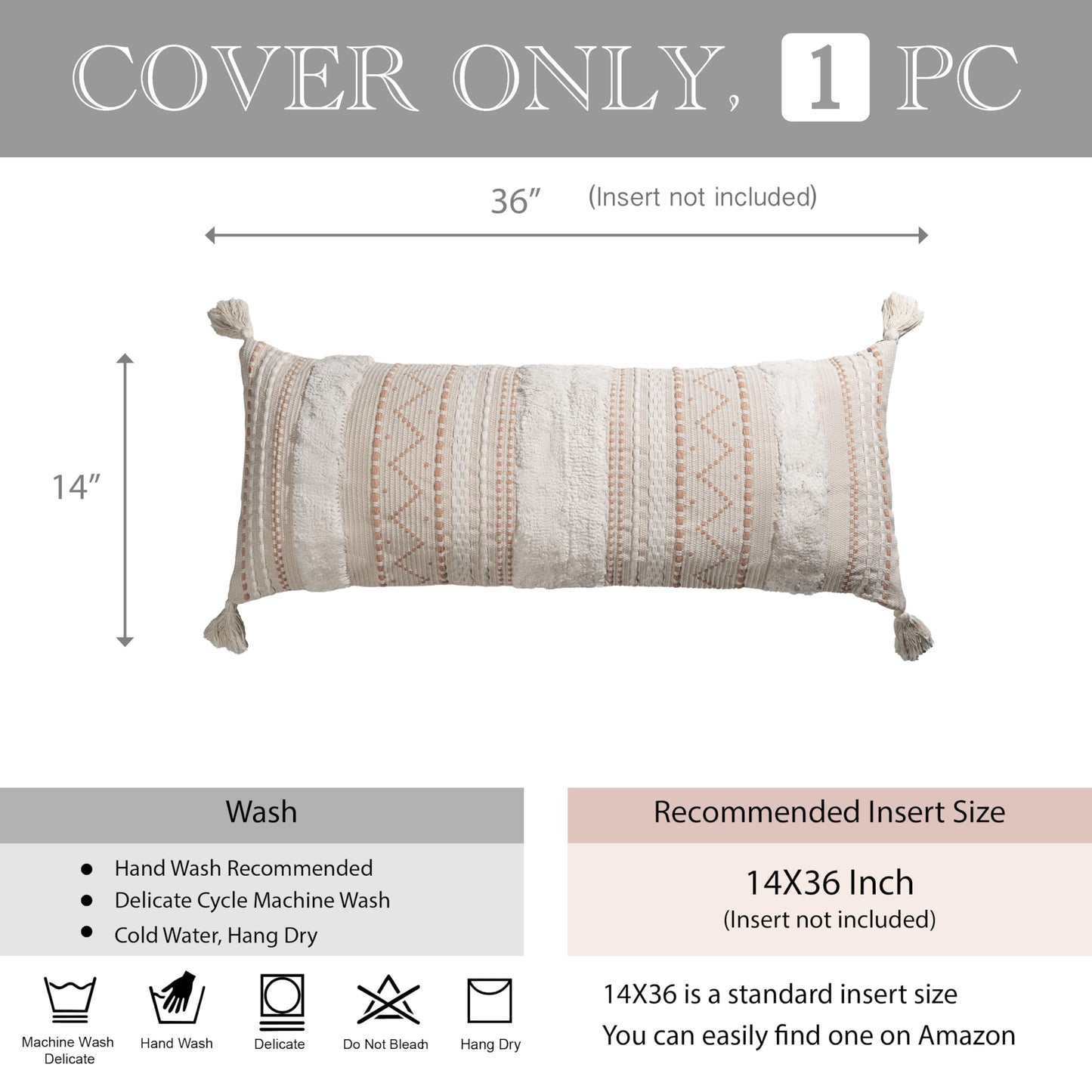 BlissBlush 14x36 Lumbar Pillow Cover for Bed, Rectangular Long Decorative Throw Pillowcase, Boho Accent Cushion with Tufted Pattern and Tassels, Cream Beige Neutral (Cover Only)
