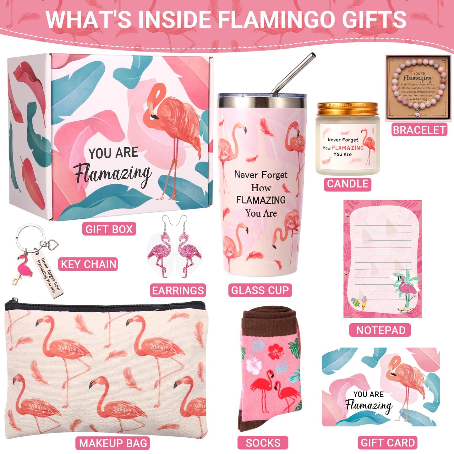Flamingo Gifts for Women Best Funny Pink Gift for Flamingo Lovers Including Tumbler Mug Makeup Bag Keychain Socks Notepad Earring Brecelet for Birthday Christmas Mothers Day