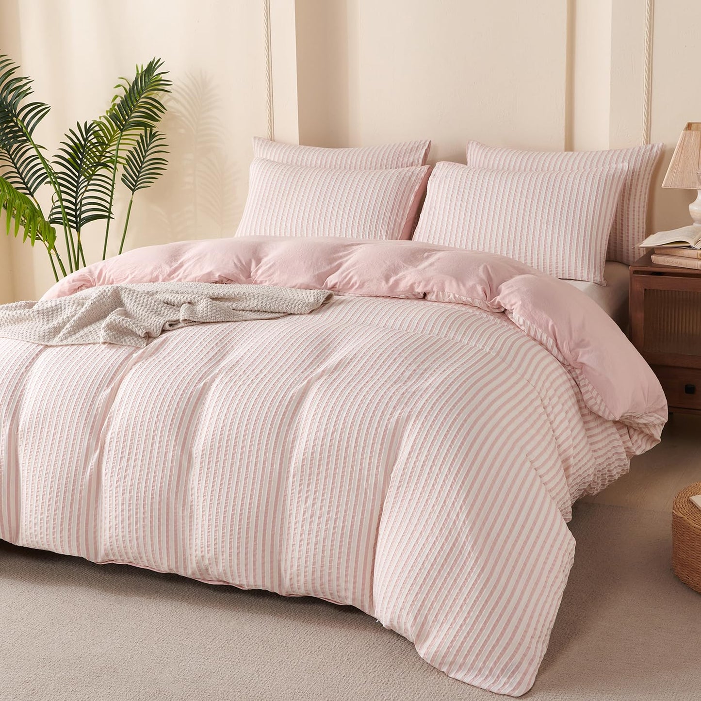 BUPIRD Pink Comforter Set Queen Size Striped 100% Soft Washed Microfiber Jacquard 3 Pieces Striped Bedding Sets Pink White Comforter Queen for All Seasons and 2 Pillowcases Comfort Breathable