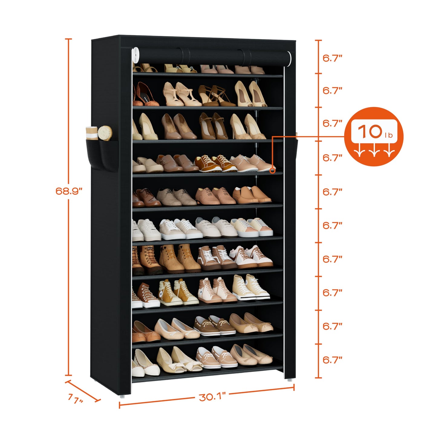 CASAMAYA Shoe Rack with Covers, 10 Tiers Tall Shoe Rack Organizer, Large Capacity Shoe Shelf Storage, Hold 40 Pairs of Shoes, Vertical Shoe Storage Organizer for Closet, Entryway, Black, SRT104B01