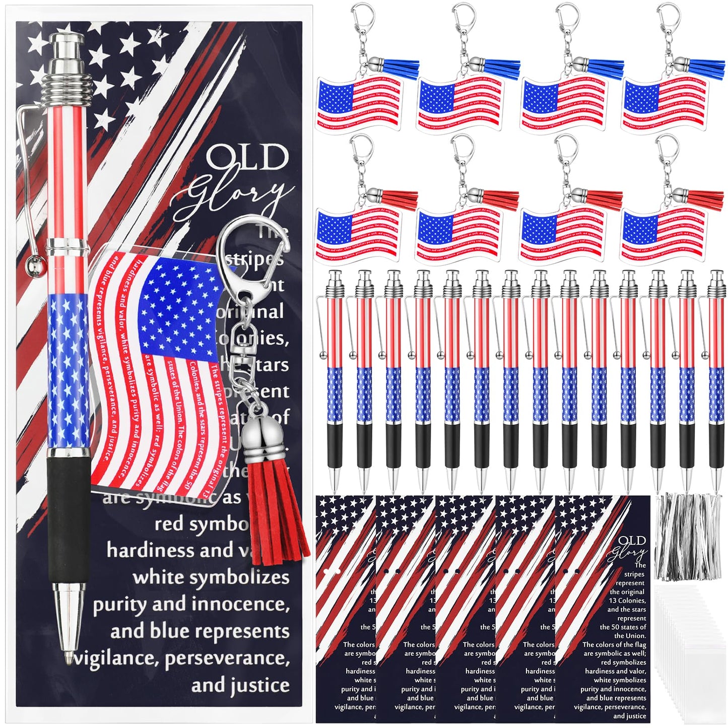 Sayglossy 50 Sets 250th Souvenirs Gift Flag Ballpoint Pen Flag USA Acrylic Keychain with The USA Patriotic Themed Card Souvenirs Gifts for Veteran Patriotic Independence Day Party Supplies