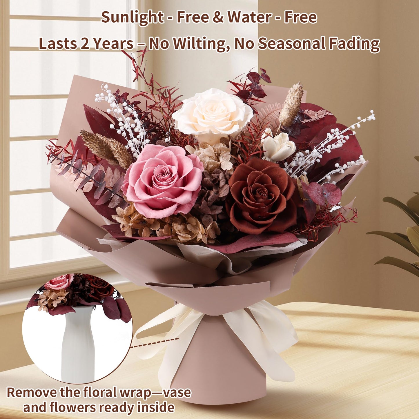 Gcchobv Preserved Flowers Bouquet, Real Eternal Flowers, Gifts for Women, Birthday Gifts for Mom Friends Her Girlfriend Sister, Valentine (Caramel)