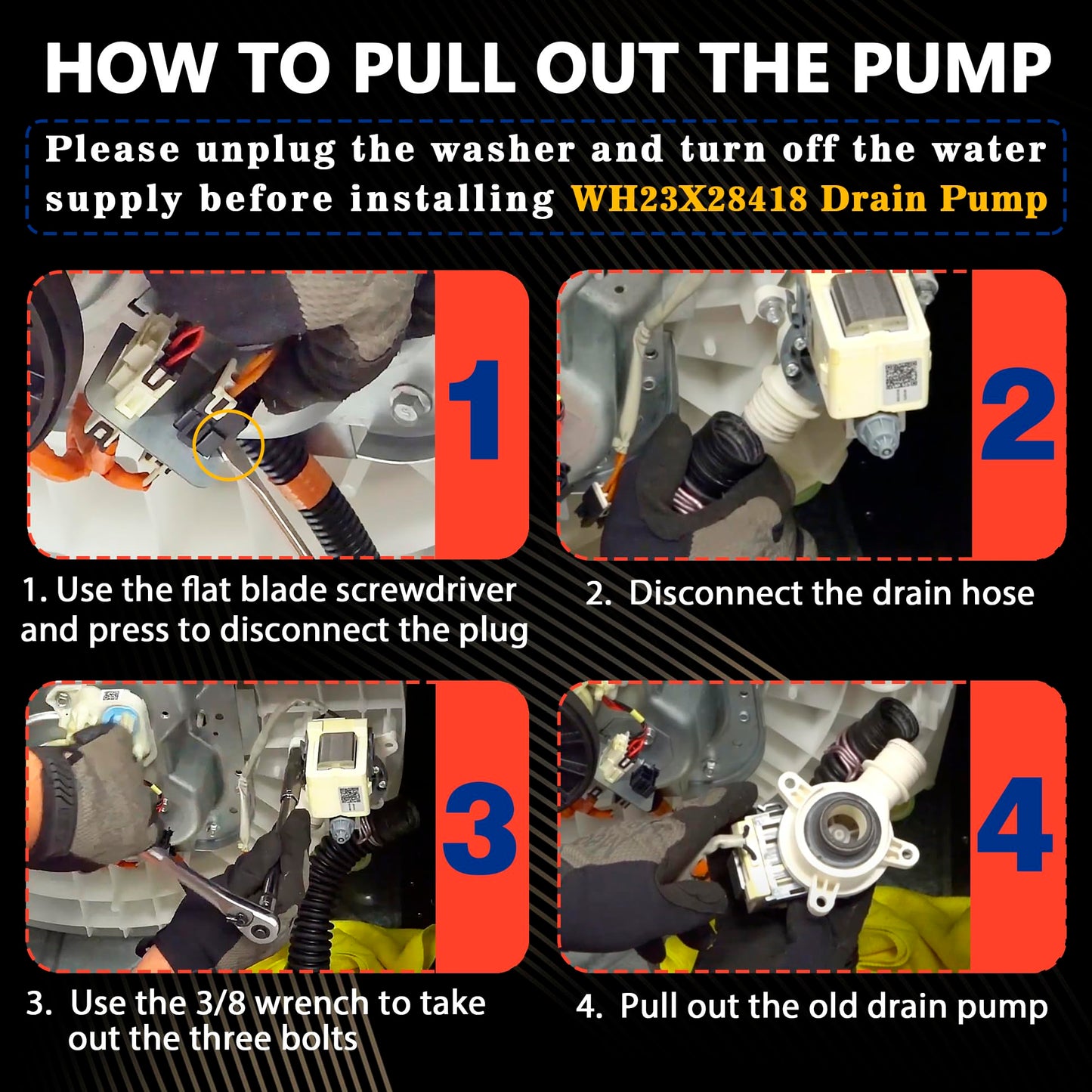 290D1201G001 WH23X24178 Washer Drain Pump, Fit for GE Models GTW460ASJ8WW GTW460ASJ4WW GTW460ASJ6WW GTW330ASK1WW GTW335ASN2WW GTW220ACK4WW GTW680BSJ5WS, Replaces B40-3A01, WH23X28418, WH23X27574