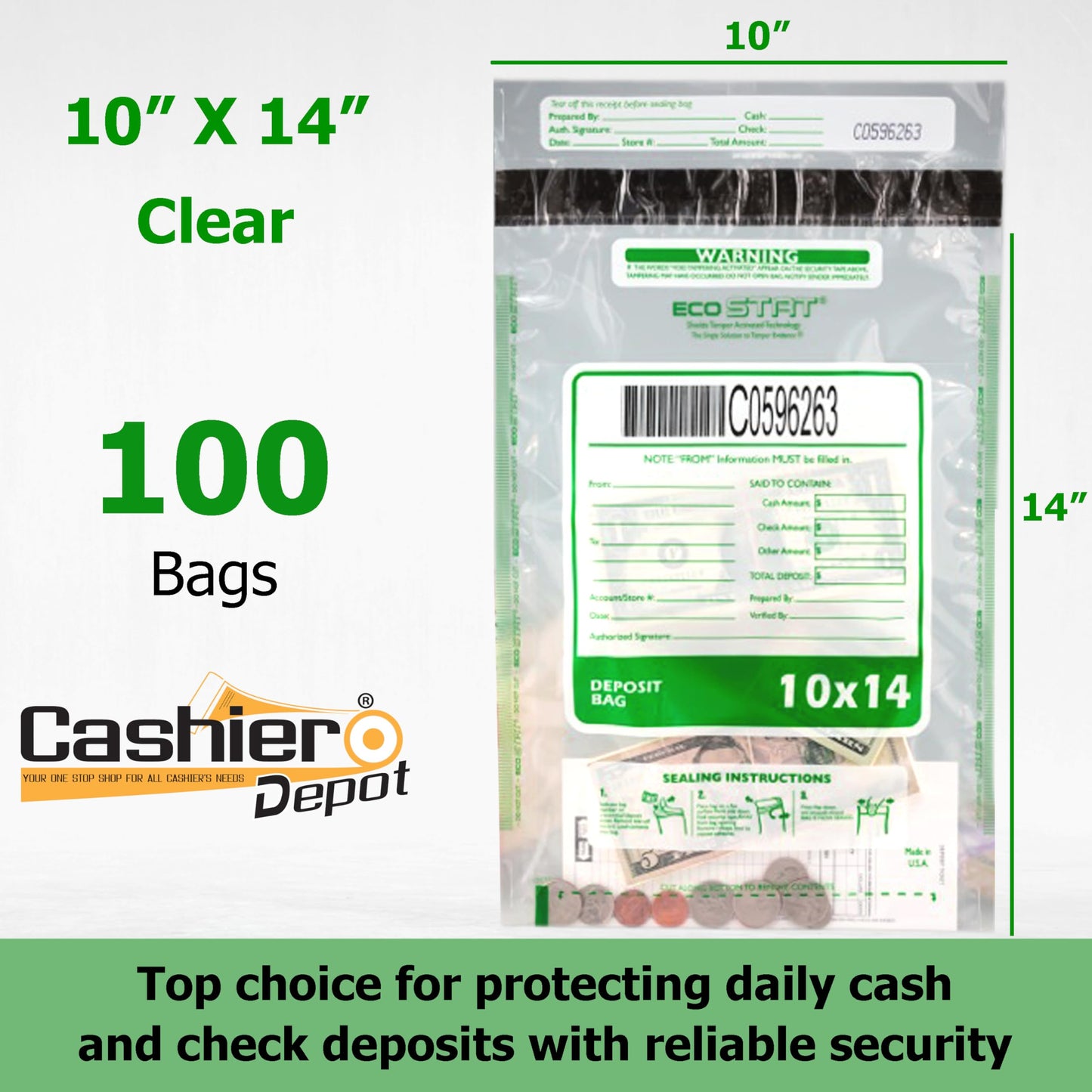 100 Cashier Depot Tamper Evident Deposit Bags, 10" x 14", Clear, Plastic, Press & Seal VOID Closure, Serialized Barcode, Perforated Receipt, 100 Count