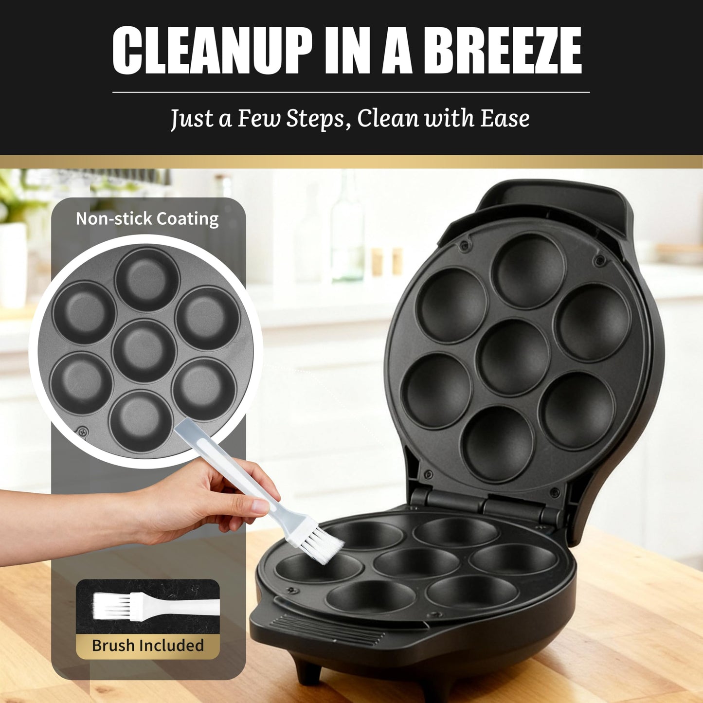 FineMade Mini Stuffed Pancakes Maker, Electric Ebleskiver Poffertjes Maker Pan, Danish Pancakes Maker, Cake Pop Maker, Bake 7x 2'' Ebelskivers without any Flipping operation