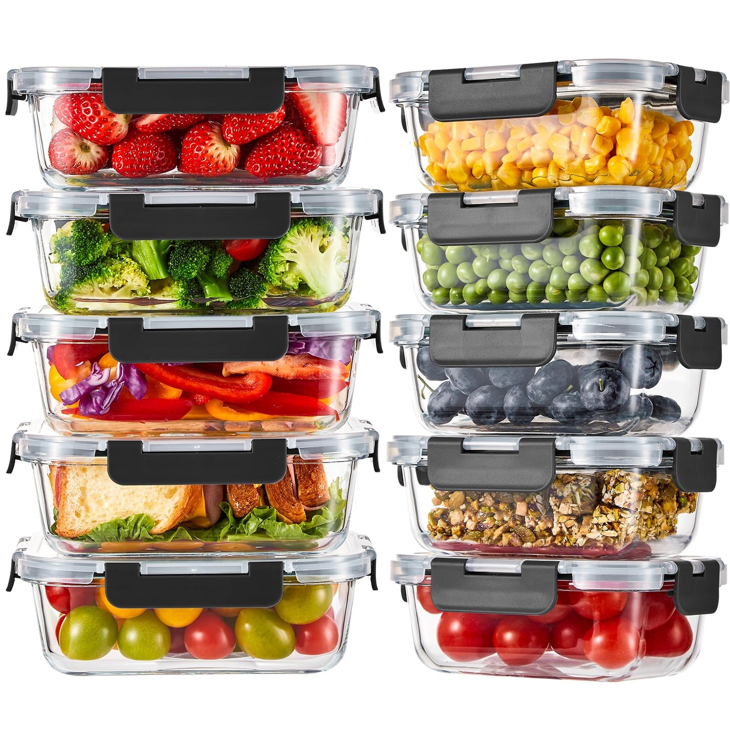 Liuruiyu 10 Pack Glass Food Storage Containers with Lids, Meal Prep Containers, Airtight Bento Boxes with Leak Proof Locking for Microwave, Oven, Freezer and Dishwasher, BPA Free