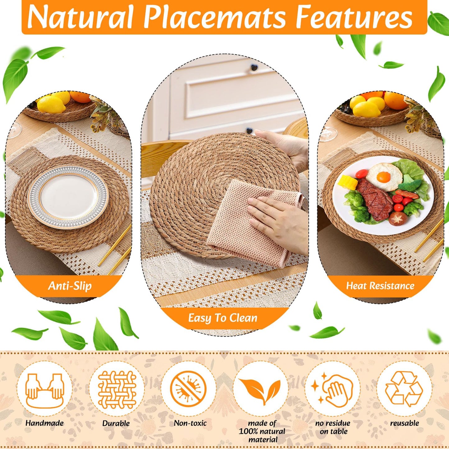 Gandeer Boho Placemats 4/6/8 Set of Round Woven Placemat Macrame Style Bicolor Stitching Long Table Runner Farmhouse Rustic Natural Burlap Cotton for Kitchen Dining Table(6 Sets,Brown,12x72)
