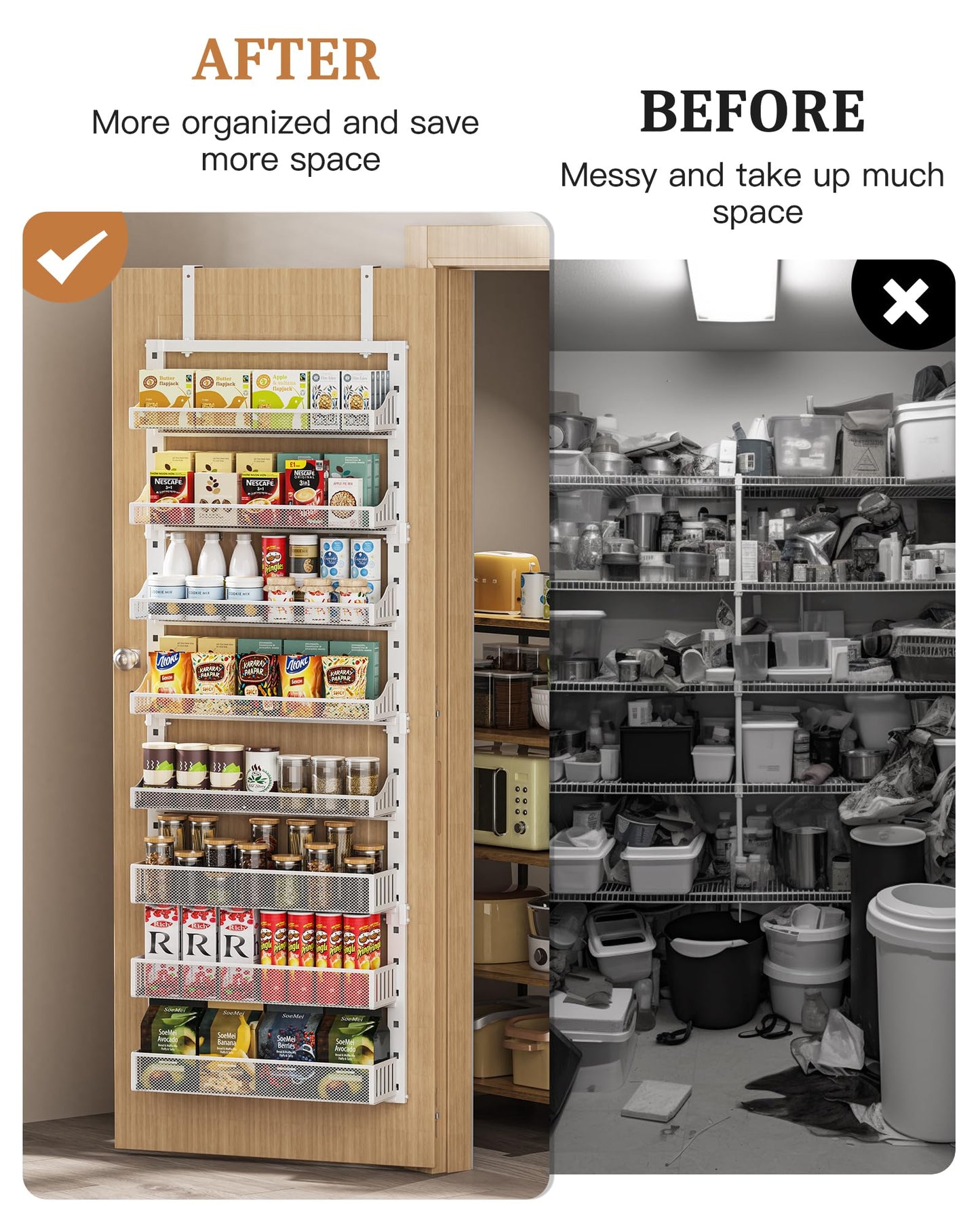 POKIPO Over the Door Pantry Organizer 8-Tier, Large Metal Door Spice Rack with Adjustable Basket, 2 in 1 Wall Mount or Hanging Heavy-Duty Pantry Door Storage Shelf for Kitchen and Bathroom, White
