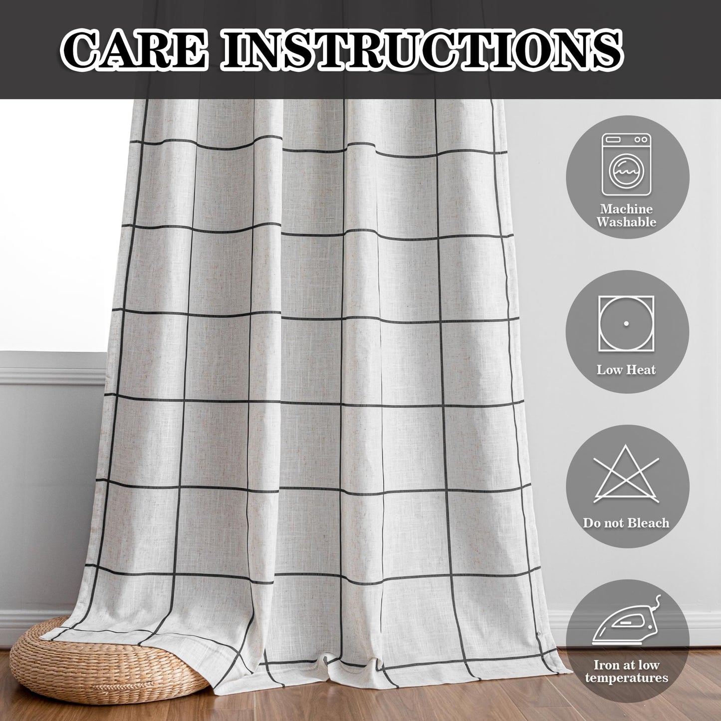 MYSKY HOME 100% Blackout Plaid Farmhouse Linen Curtains 84 Inch Long 2 Panels Set for Living Room Double Layer Windowpane Drapes Thermal Insulated Privacy Protection Rod Pocket Back Tab, 52" W, Black