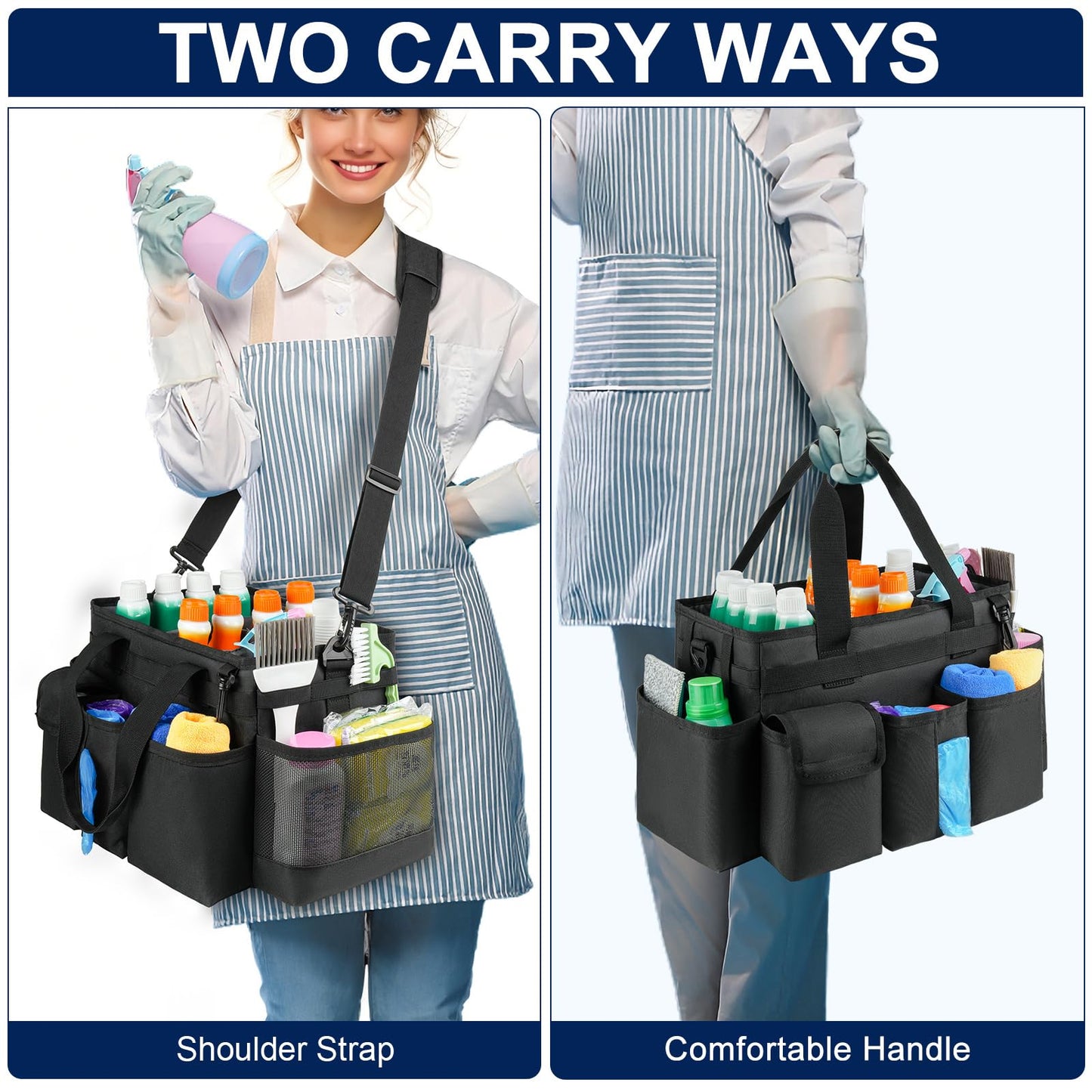 ZIOZERTT Cleaning Caddy,Cleaning Bag for Housekeepers,Cleaning Supplies Organizer with Handle,Black